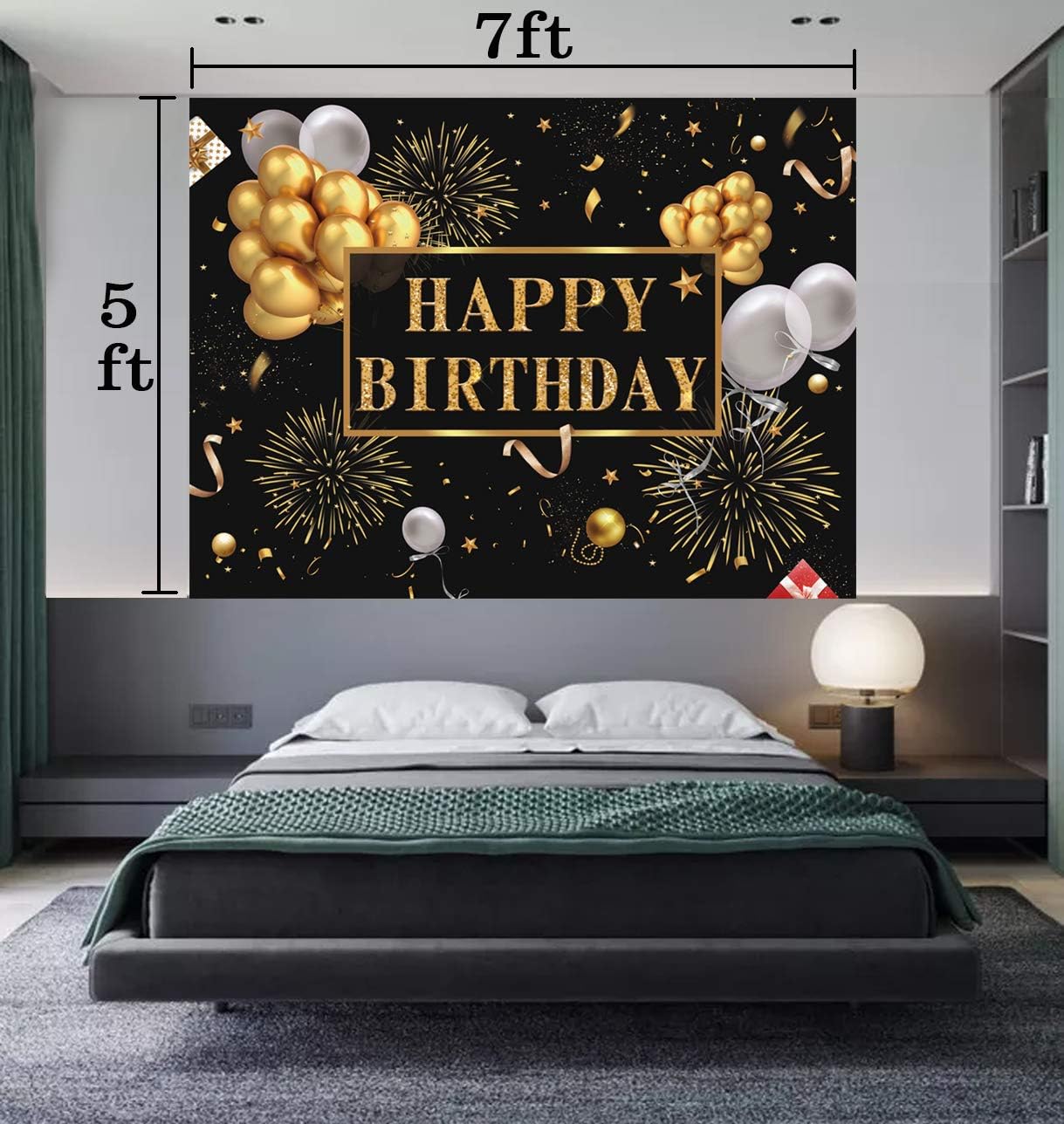 Saliyaa 7x5ft Happy Birthday Backdrop Banner, Birthday Party Decor,Black Gold Poster Photo Booth Backdrop Background Banner for Men Women 30th 40th 50th 60th 70th 80th Bday Party Supplies