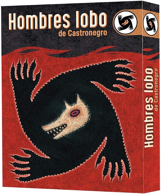 Box for Hombres lobo de Castronegro, a card game. The box features a dark werewolf creature with claws on a red background. Title text in yellow reads 'Hombres lobo de Castronegro' on front and spine.