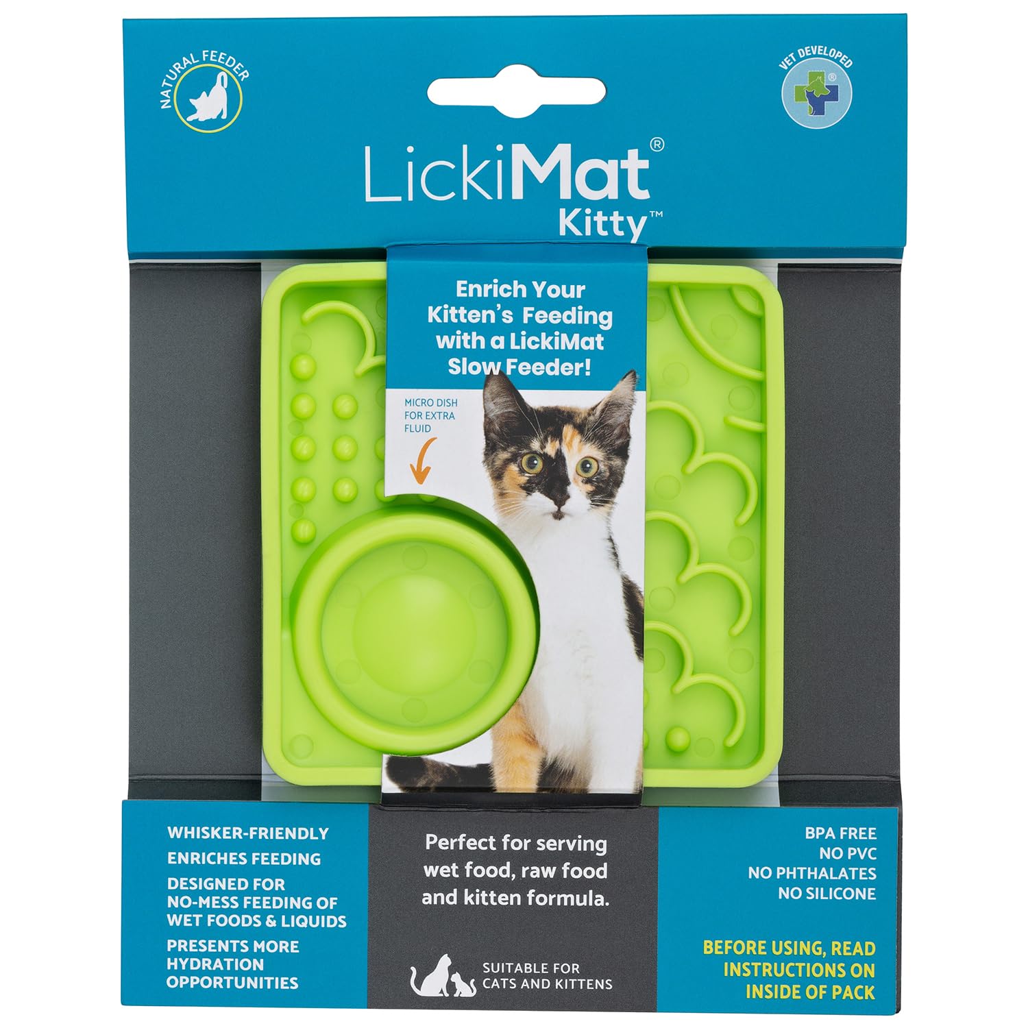 LickiMat Kitty Cat Food Mat - Cat Slow Feeder with Micro Dish for Added Hydration - Perfect for Food, Treats, Yoghurt & Anxiety Relief for Cats - Fun Alternative to a Slow Feeder Cat Bowl - Green