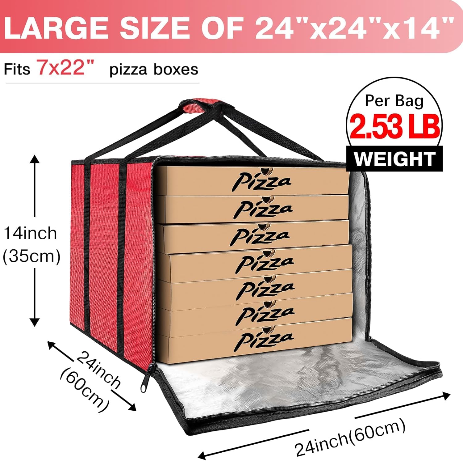 Large Pizza Delivery Bag Insulated 24"x 24" x14", Red Pizza Warmer Bag for Food Delivery, Pizza Carrier Insulated Bags Keep Your Pizza Hot and Fresh, Perfect for Deliveries and Personal Use