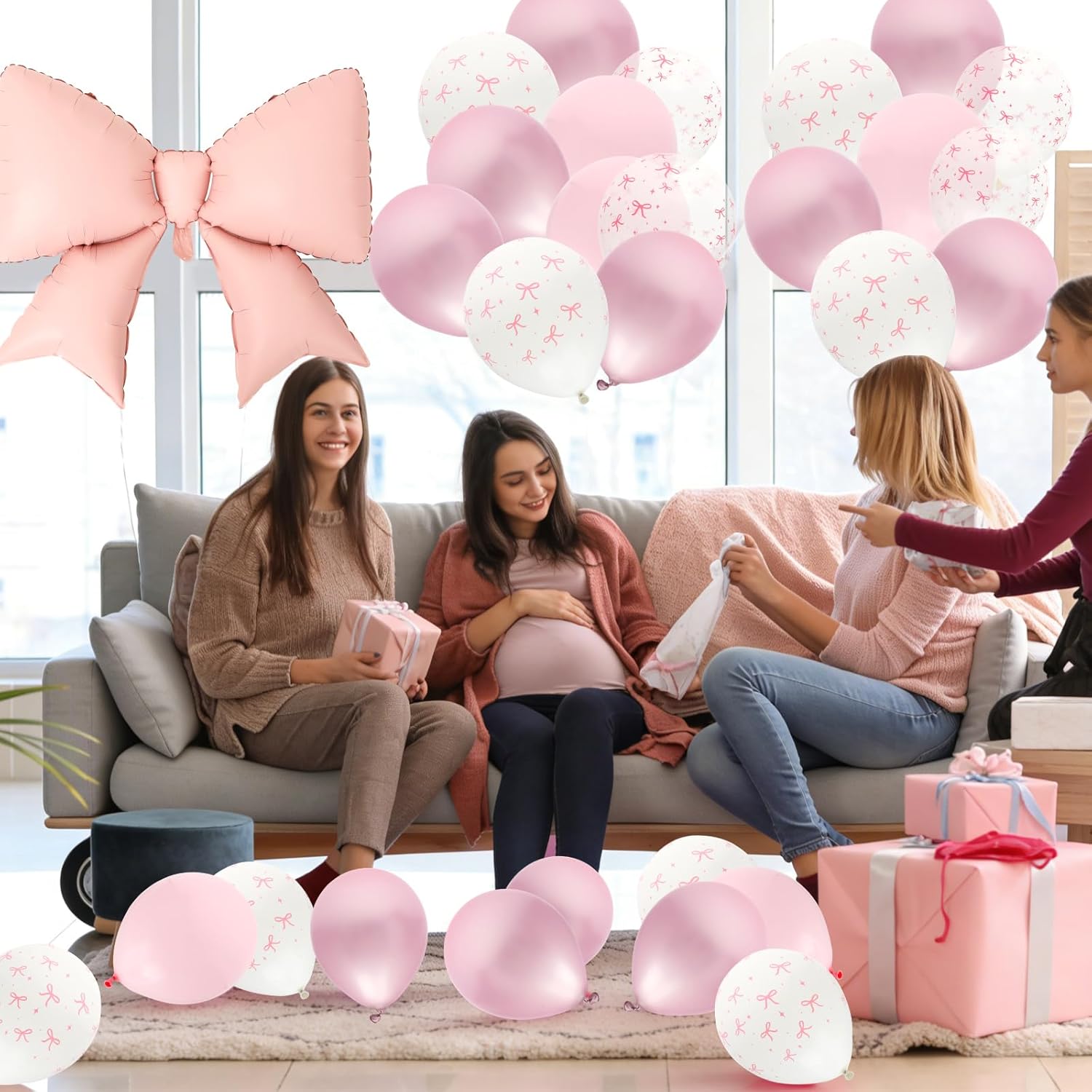 112Pcs Pink Bow Birthday Decorations Balloons Table Cloth Set for Party, 100PCS 12" Pastel Light Pink Bow Print Coquette Balloon, 4PCS 38" Giant Pink Bow Balloons, 3PCS Decor Tablecloths Girls Women