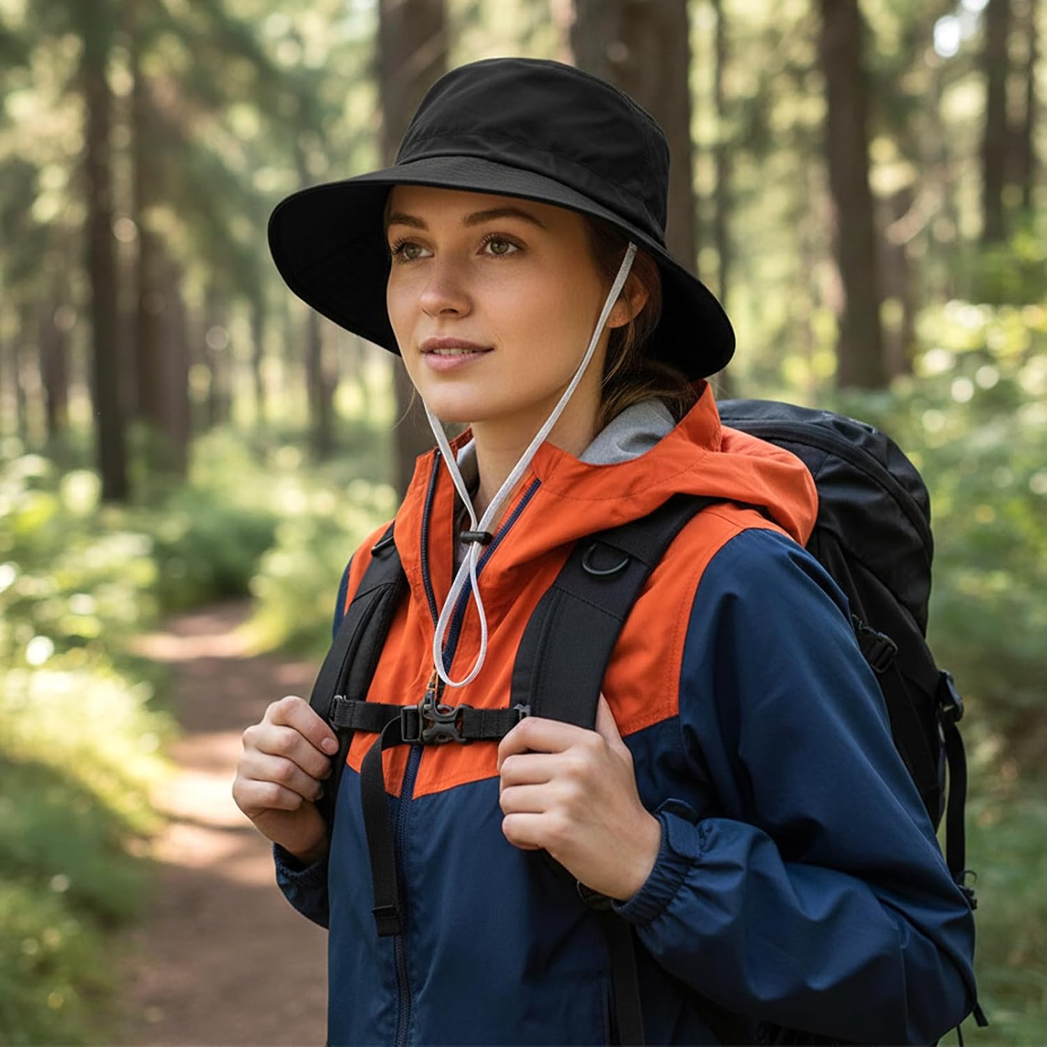 Rain Hats for Women Men Bucket Hats Black Sun Hat Lightweight Waterproof Hiking Hat with Detachable Chin Strap for Outdoor Hiking Fishing Picnics Beach Activities