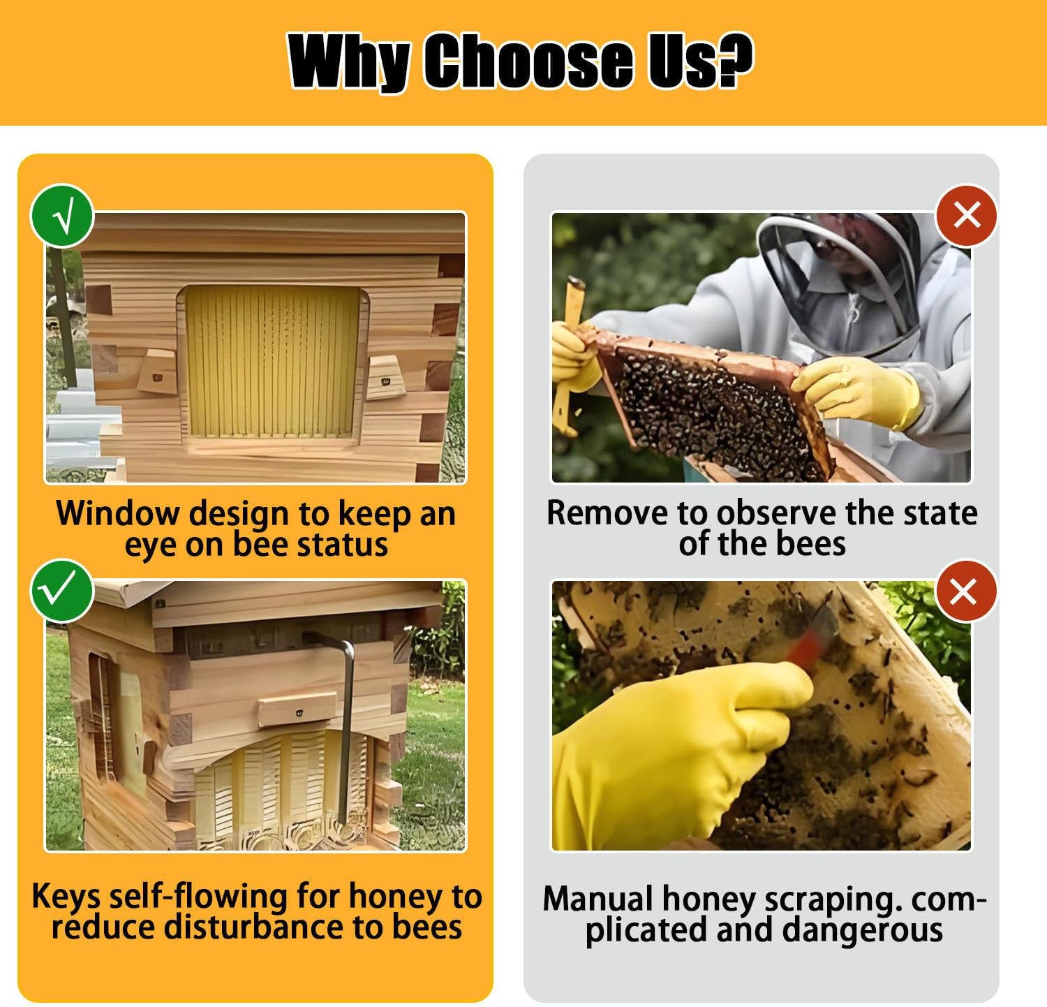 Self-Flow Wooden Beehive Kit with Observation Window & Honey Spout - Ideal Beekeeping Solution for Garden Pollinators, Easy Harvesting & Maintenance