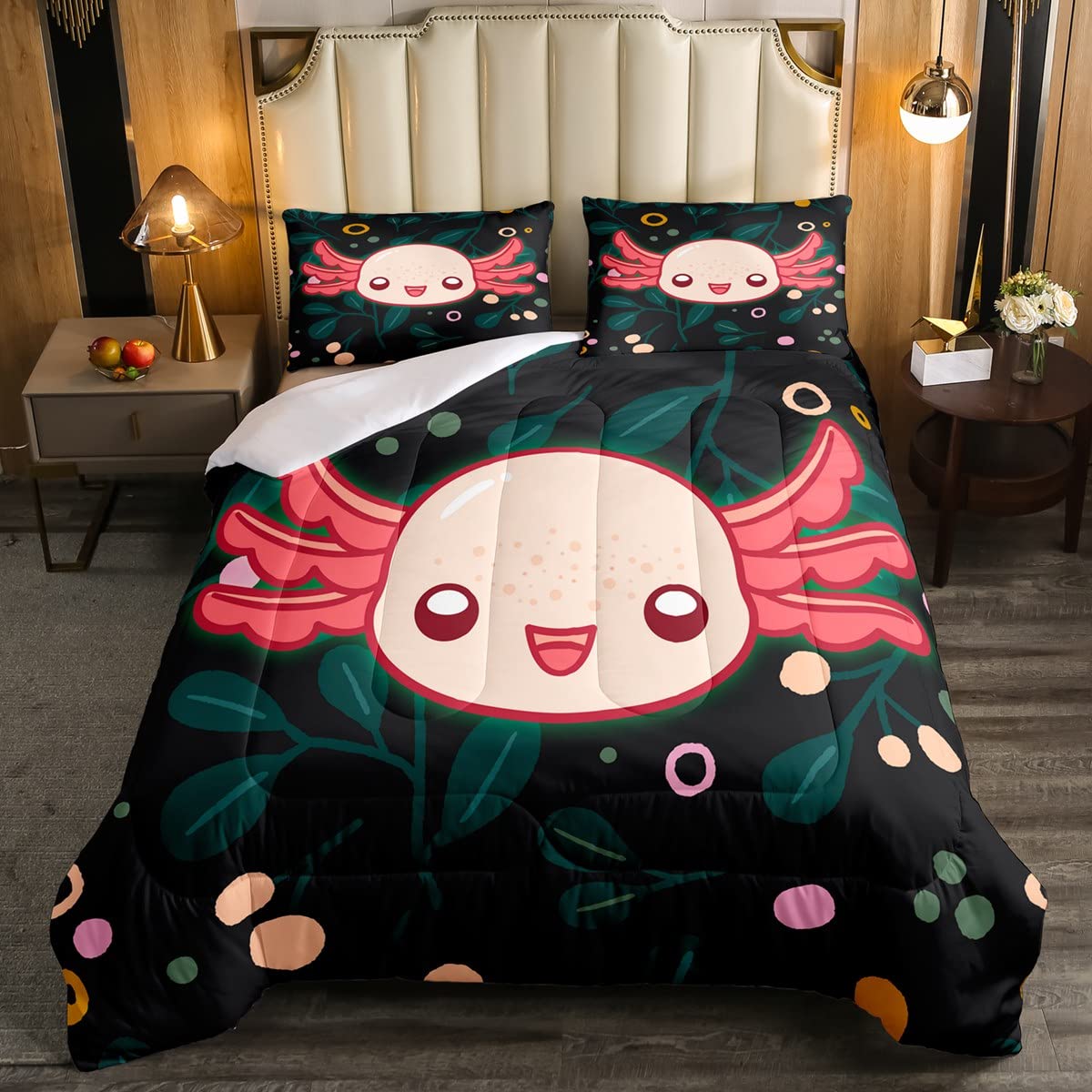Kawaii Axolotl zestaw pościeli kreskówka axolotl zestaw kołdry dla dzieci chłopców dziewcząt 3D zwierzęta puchowa kołdra oddychająca salamandra zielony liść poszewka na kołdrę / zestaw pościeli King