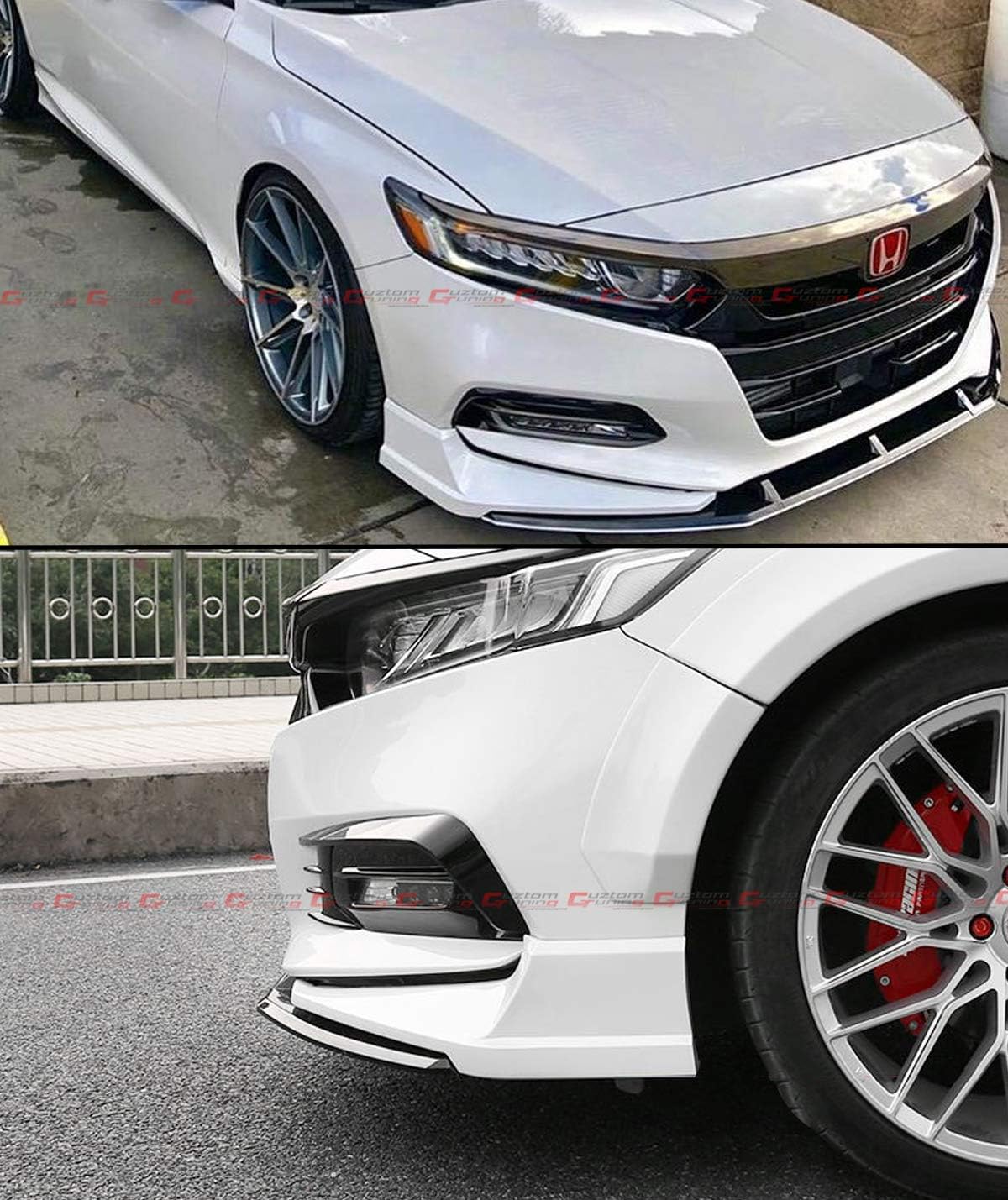 Akasaka 5 Pieces Design Platinum White Pearl Front Bumper Splitter + Glossy Black Lip Spoiler Kit Compatible with 2018-2020 Honda Accord Model
