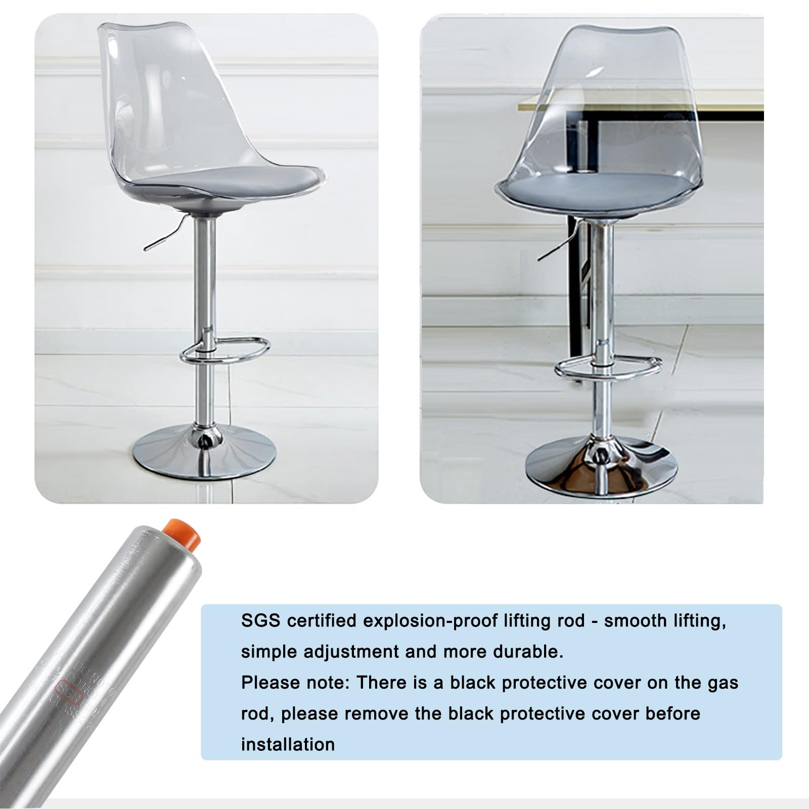 Set di 2 sgabelli da bar moderni, altezza bancone, con schienale in acrilico grigio trasparente e seduta in similpelle, ideali per bancone cucina, isola pranzo, bar e pub.