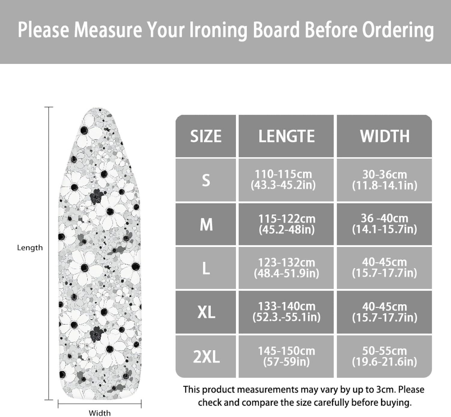 Iron Board Cover with Padding Standard Size Light Gray White Dot Bar Padded Ironing Board Covers 15x54 Heat Reflective Extra Thick Wide Non Stick Scorch and Stain Resistant Heatproof
