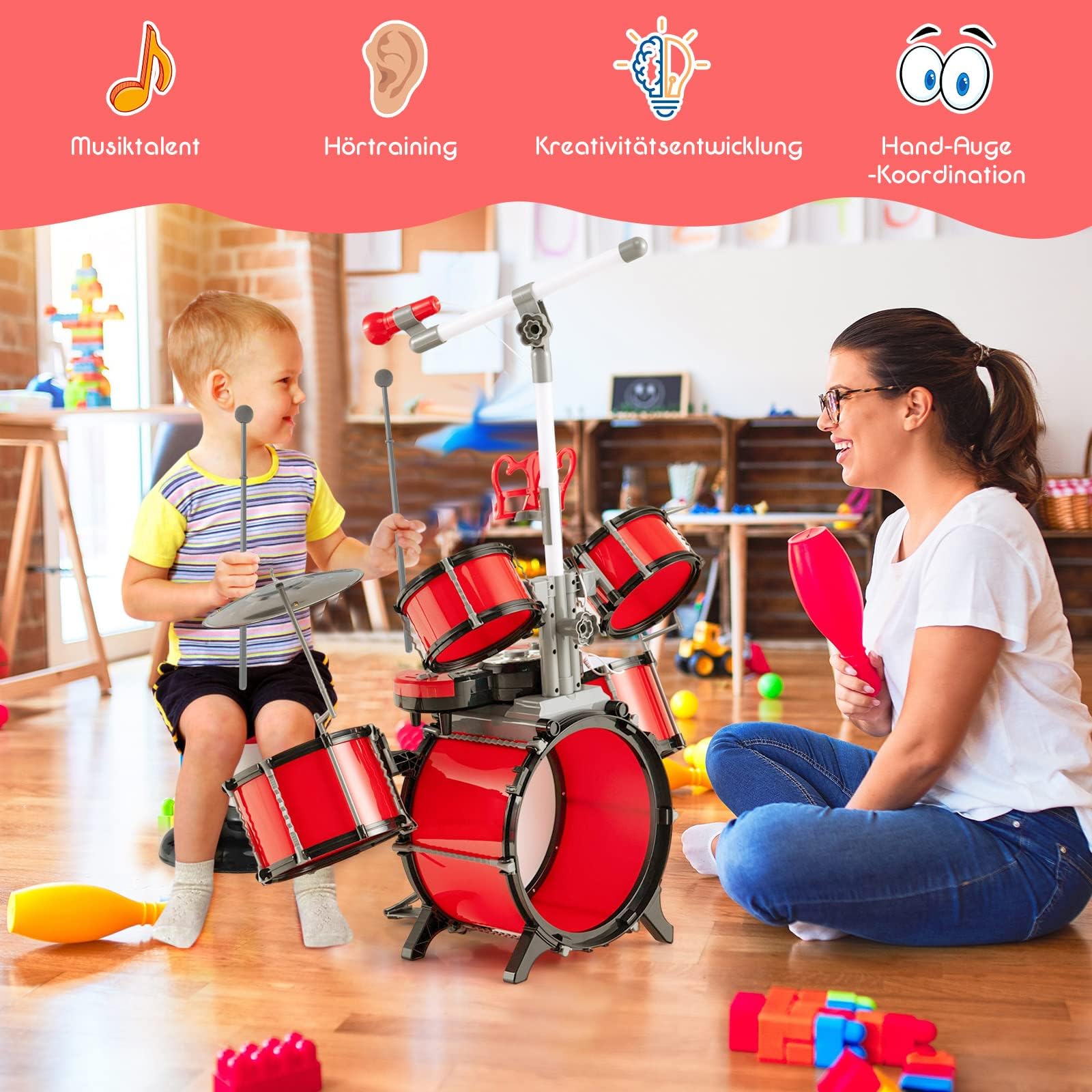 COSTWAY Zestaw perkusji dla dzieci, zestaw perkusyjny z mikrofonem, stojak na nuty, 8 klawiszy i zestaw DJ, wejście audio, instrument muzyczny dla dzieci powyżej 3 lat, czerwony