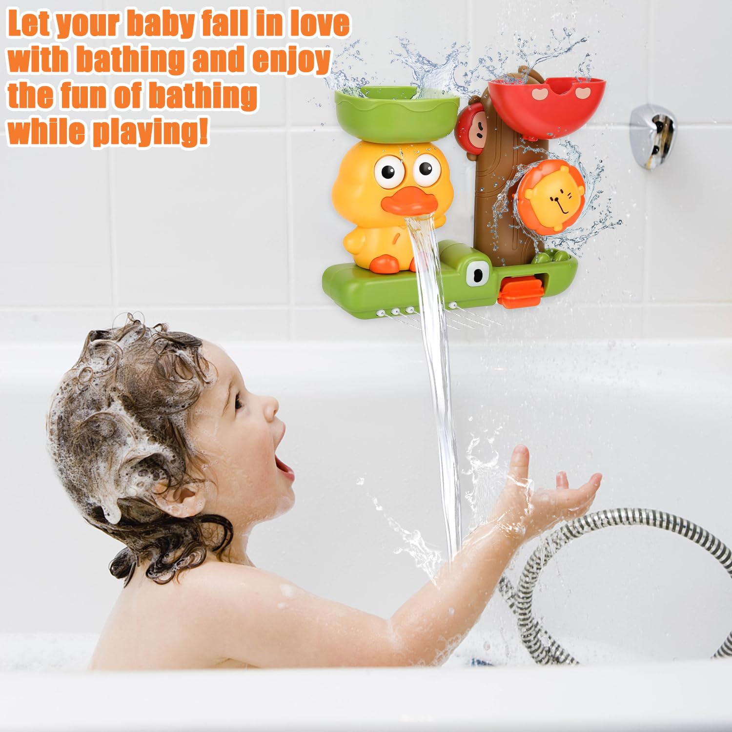 Jouet De Bain Bébé Cascade Canard Et Lion - Pour 1 à 3 Ans - Stimule La Motricité, Ventouses Incluses - Cadeau Garçon/fille