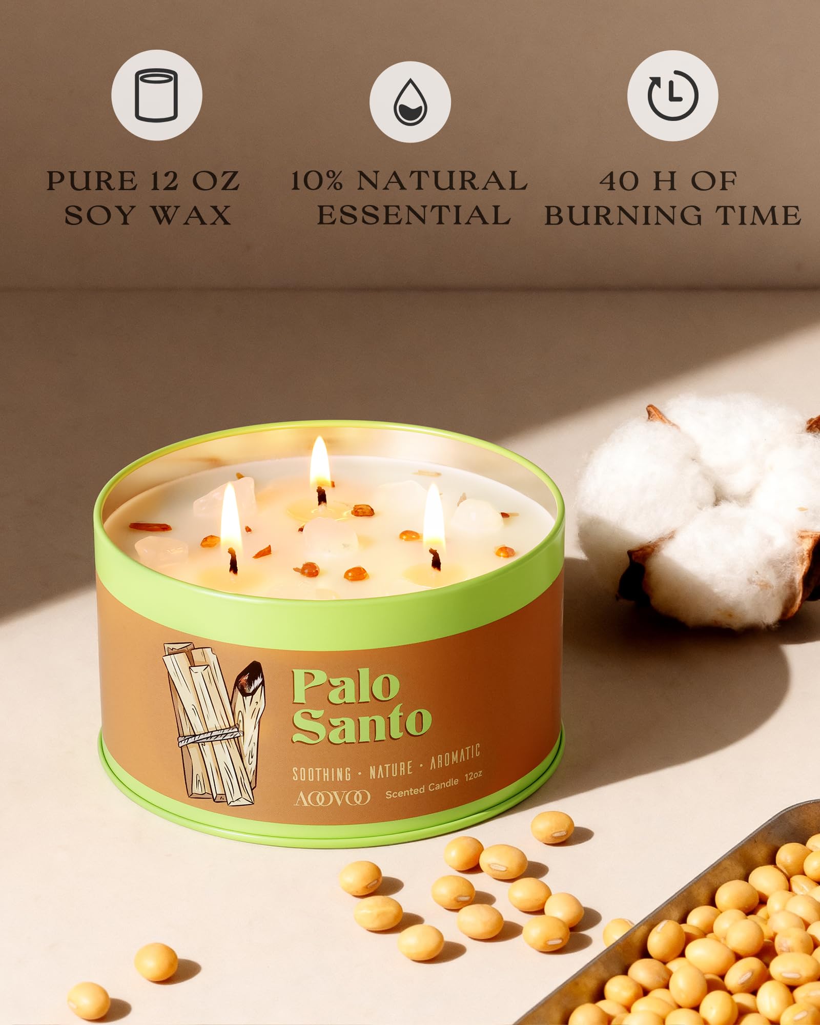 AOOVOO Palo Santo świeca do medytacji i czyszczenia – 3 knoty, 340 g, świeca zapachowa z białymi kryształami i Palo Santo, nietoksyczna świeca sojowa do duchowego uzdrawiania, aromaterapii, prezent