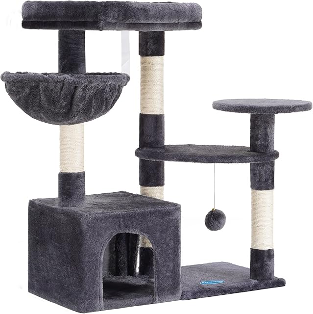 Hey-brother Cat Tree with Sisal Scratching Posts, Multi-Level Cat Tower, Cat climbing frame with large platform, basket, Smoky Grey MPJ001SG