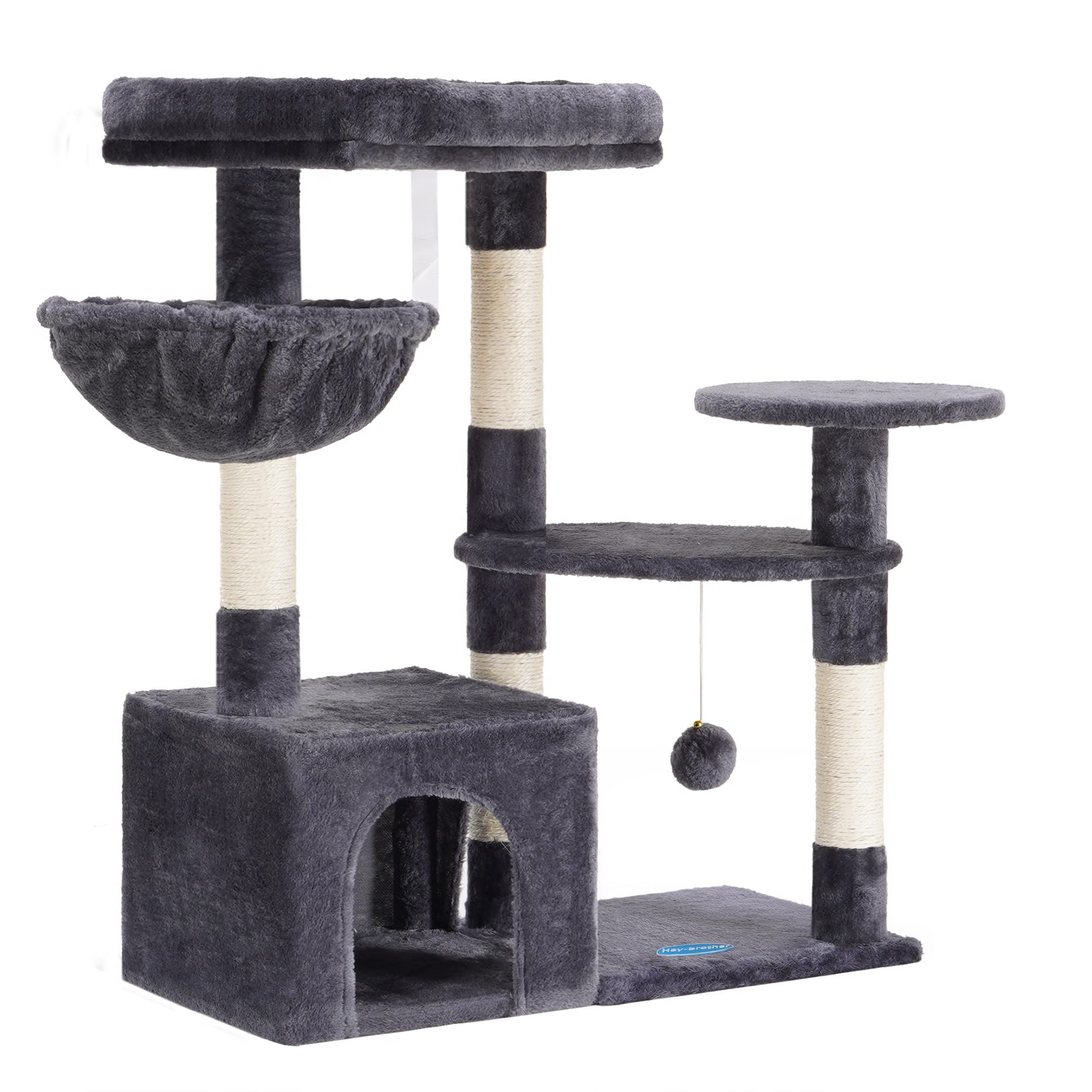 Hey-brother Cat Tree with Sisal Scratching Posts, Multi-Level Cat Tower, Cat climbing frame with large platform, basket, Smoky Grey MPJ001SG