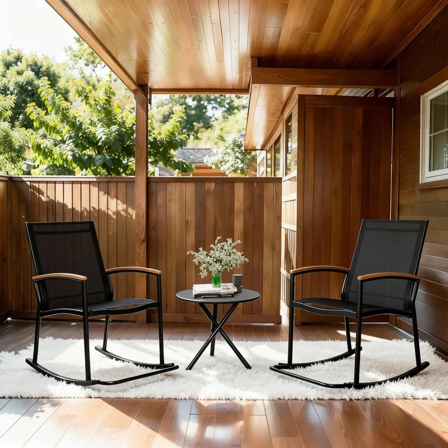 3-Piece Outdoor Rocking Bistro Set with Side Table, Ergonomic Rockers with Rust-Resistant Steel & Breathable Mesh Furniture for Small Balcony, Deck, and Morning Coffee, Black