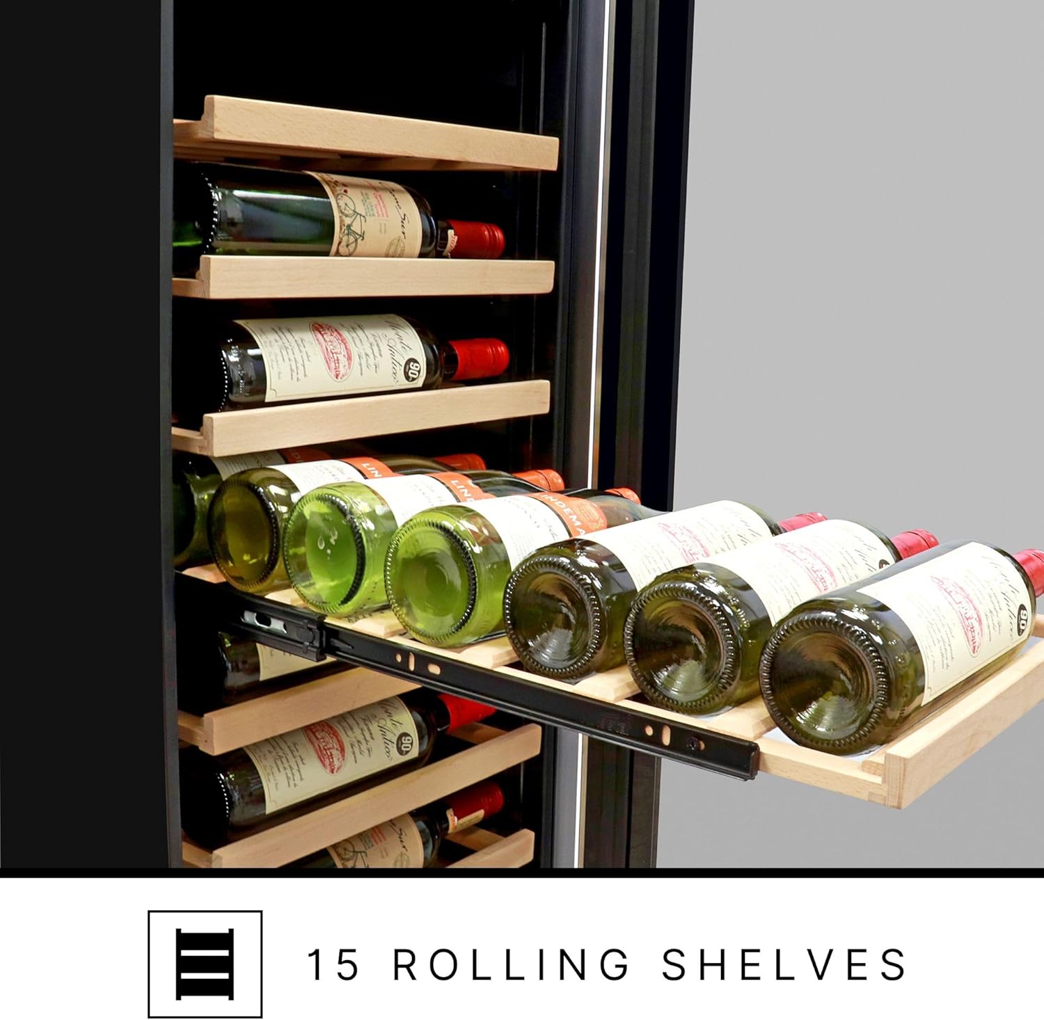 Close-up of a rolling beechwood shelf with wine bottles