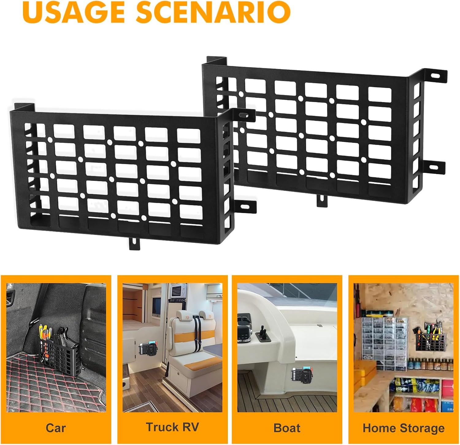 FUNY 2 Pieces Universal Metal Car Storage Box, Small Cargo Pocket Molle Panel Frame Storage System, Storage Tray Basket for Car Truck RV Boat Home Storage, Black