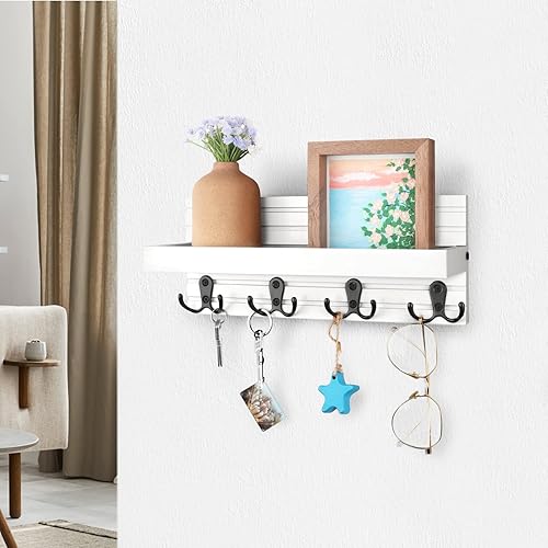 Miniatura 5 de Soporte rústico para llaves y correo, soporte de madera para colgar llaves con 4 ganchos dobles, organizador de pared para entrada