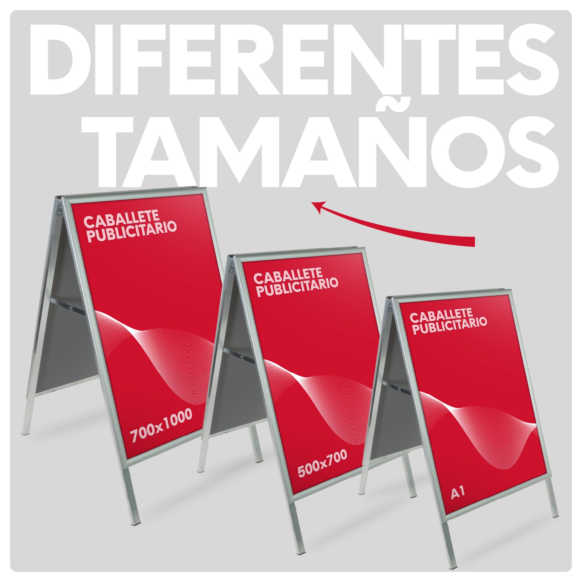 Caballete Publicitario de Aluminio Gris | Expositor Doble Cara con Sistema Click y Protector Antideslumbrante | Caballete para Carteles y Anuncios | Medidas 700x1000 mm