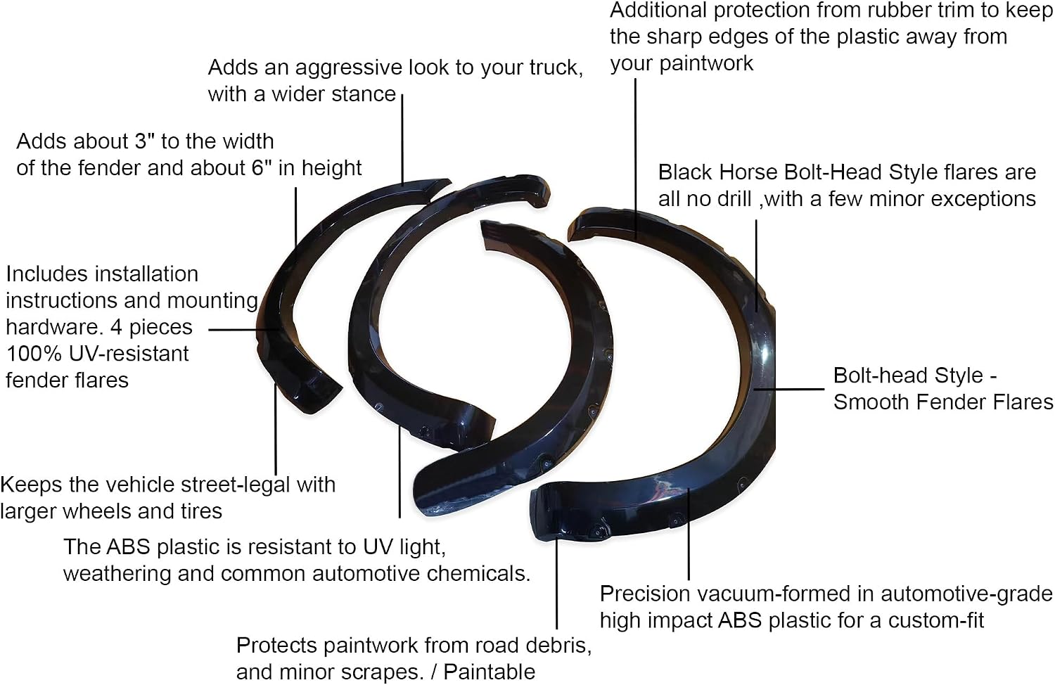 Black Horse Fender Flares Riveted Style Shiny Black Compatible with 2021-2024 Ford F-150-FF-FOF121SM