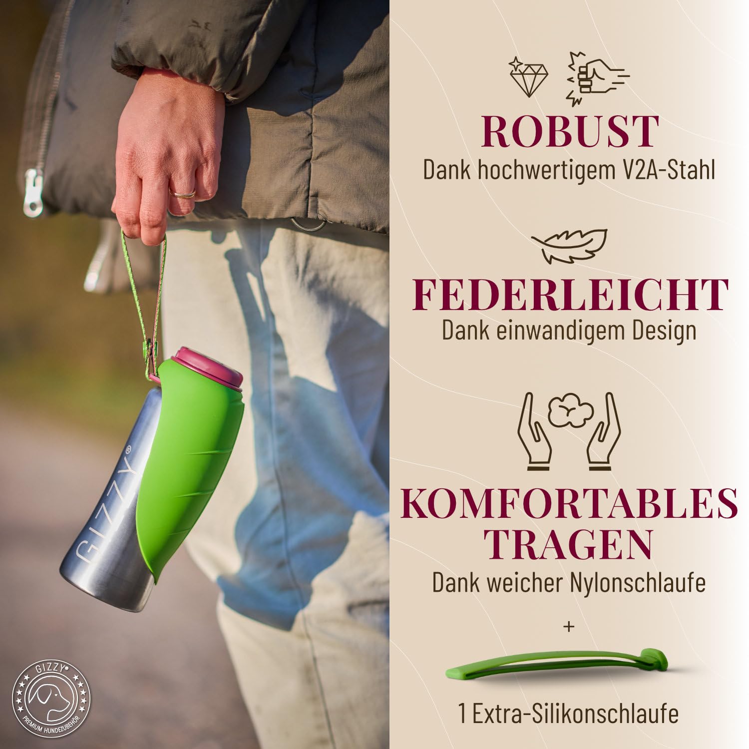 GIZZY® Trinkflasche Hunde für unterwegs - auslaufsicher & robust aus Edelstahl, in 2 Größen inkl. weichem Hundehandtuch | Trinkflasche Hund I Hundetrinkflasche für unterwegs für alle Hunde