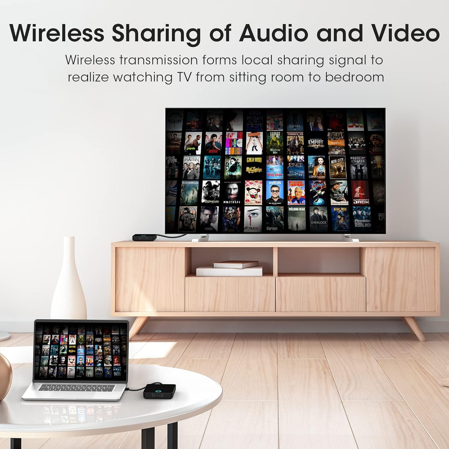 Image showing a laptop wirelessly streaming content to a large television in a living room setting, demonstrating wireless sharing of audio and video.