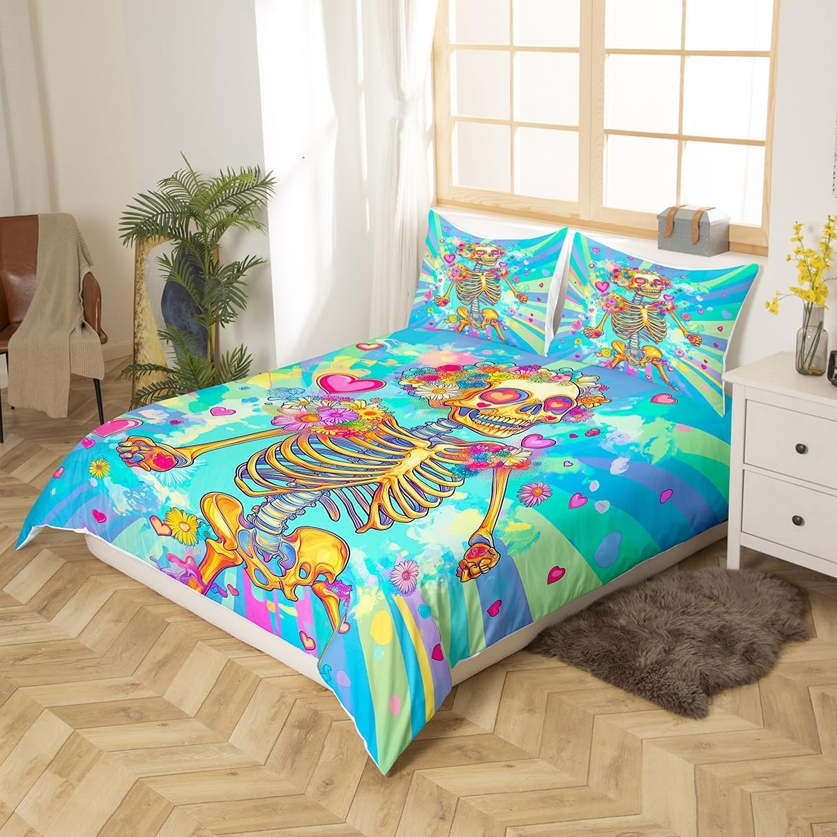 Trippy Skeleton Duvet Cover Set Toddler Size Funny Sugar Skull Comforter Cover Romantic Love Heart Flower Bedding Set 2pcs for Kids Neon Colorful Stripes Bedspread Cover,Comforter Not Included