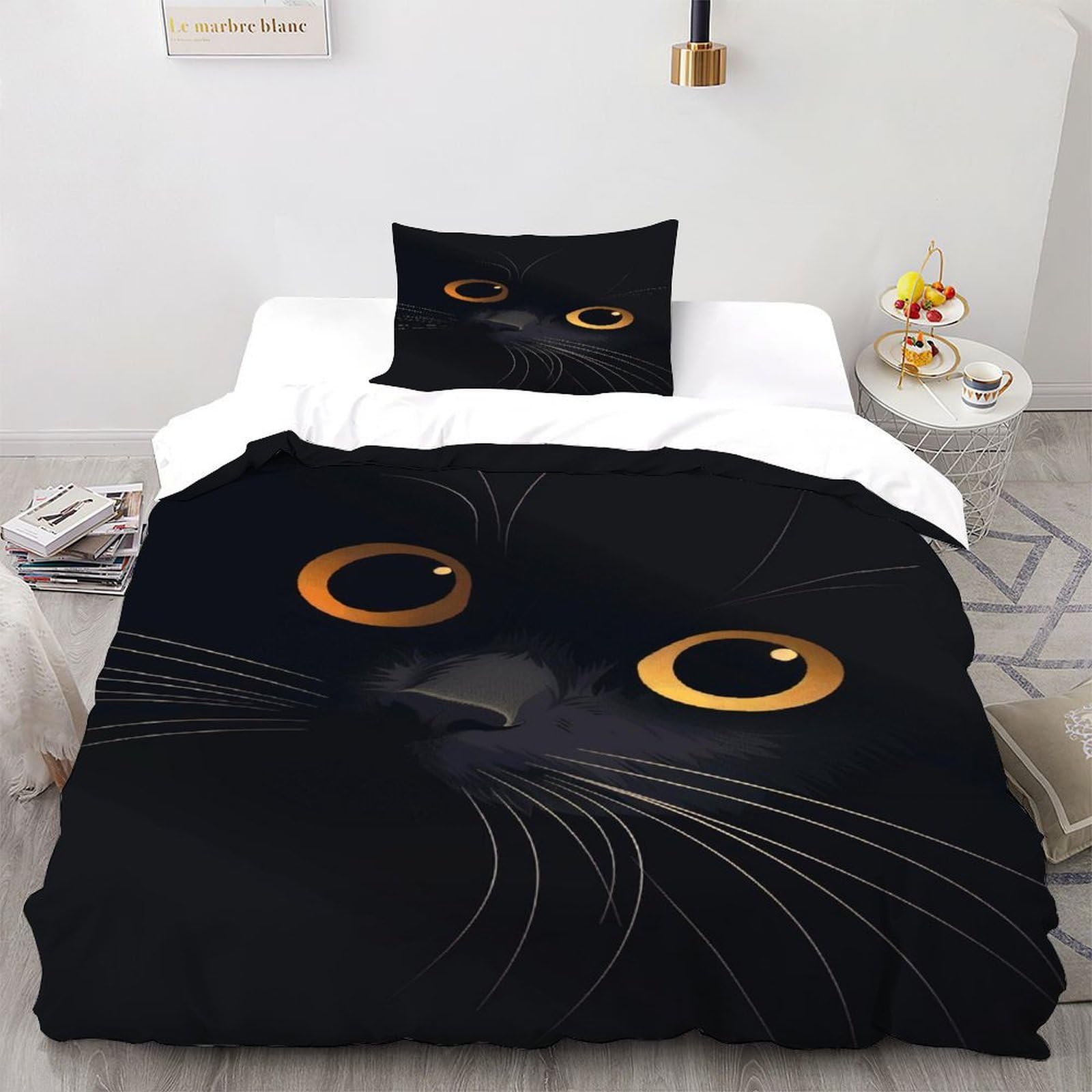 Housse de couette chat noir anti-plis parure de lit microfibre facile à laver lit 1 personne 135x200