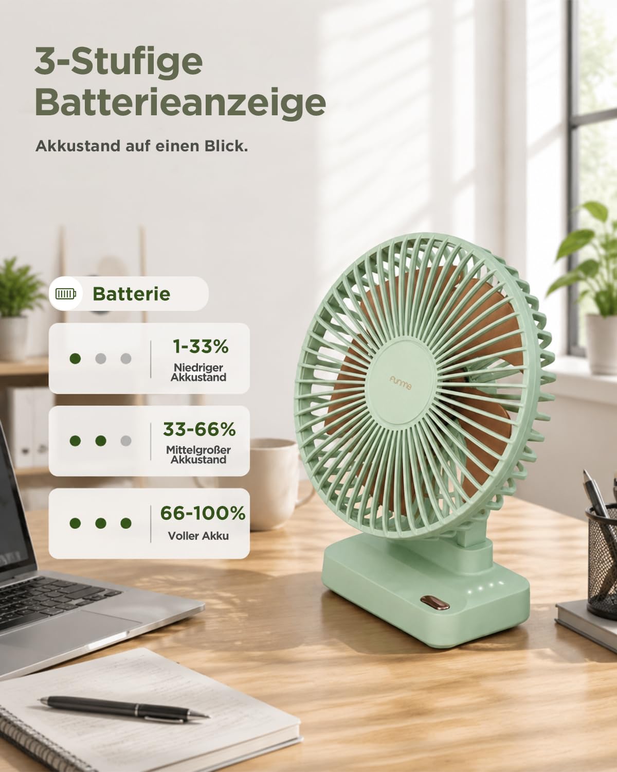 Funme Tischventilator 10000mAh Akku 29H, 90° Neigbar 3-Stufen Desktop Ventilator Leiser, Ventilator für Zuhause, Büro, Schlafzimmer, Reisen, Camping, Grün