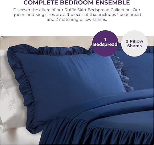 Miniatura 4 de Lush Decor Juego de 3 piezas de cubrecama con falda de volantes, estilo casa de campo y de época chic, ligero, tamaño King, azul marino
