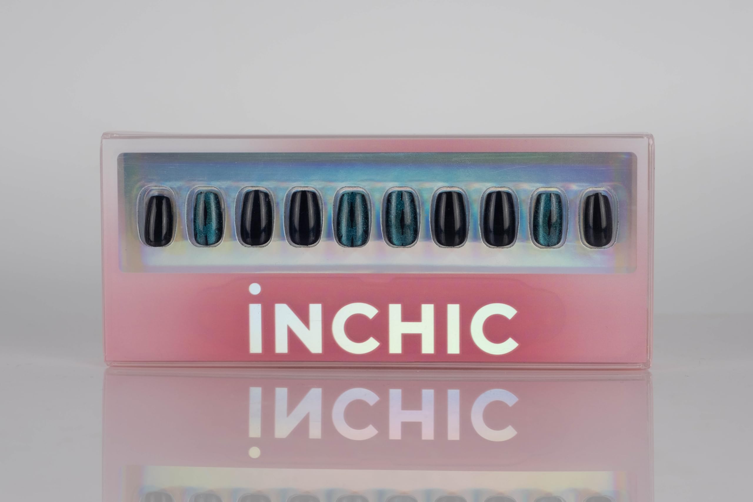 INCHICDevil’s Eye, Short Squoval, Black and Teal Glitter Cat Eye, 30 Pcs Press on Nail