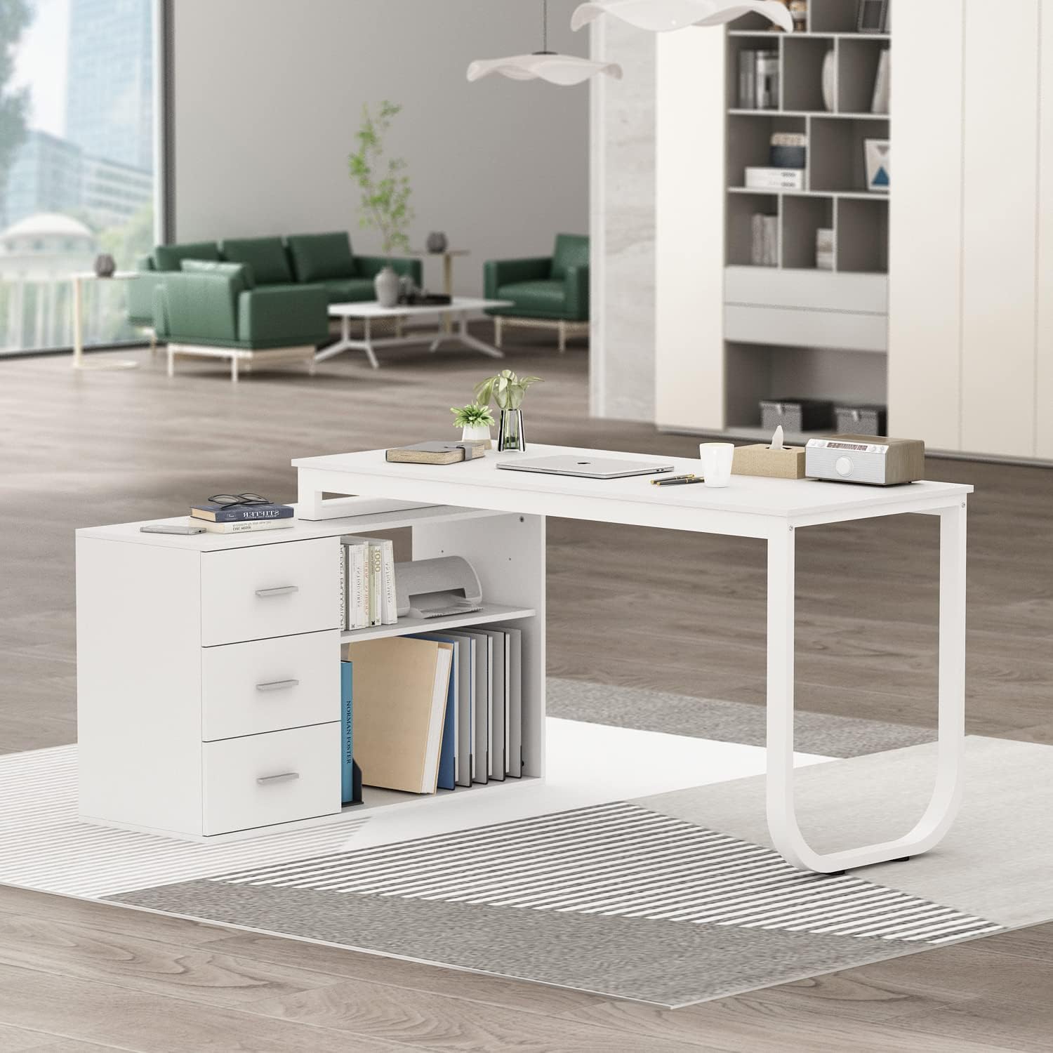 Home Office Computer L-Shaped Desk Corner Desk with 3 Drawers & 2 Shelves, 55 Inch Large Study Writing Table with Storage Cabinet (White)