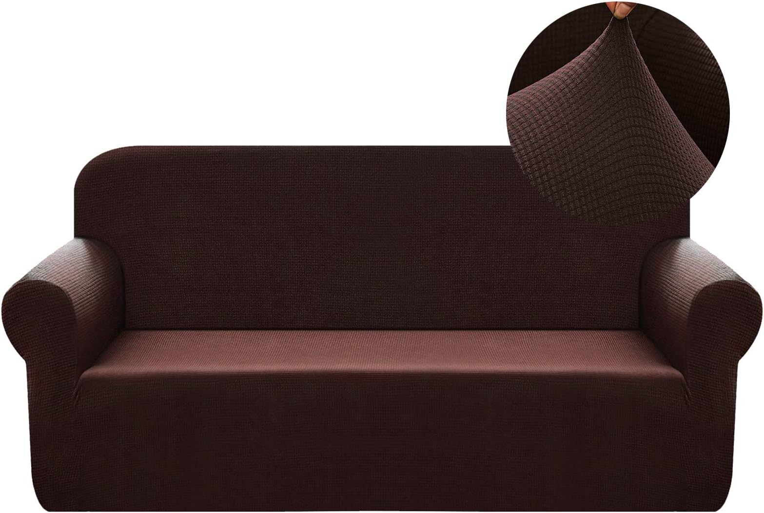 Chelzen Stretch Sofa Covers 1-Piece Polyester Spandex Fabric Living Room Couch Slipcovers (Medium, Dark Brown)