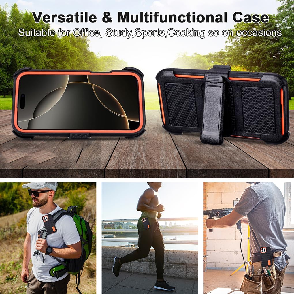 for Black iPhone 16 Pro Max Phone Case with Belt Clip Heavy Duty Holster ShockProof Cases,3 Layers of Sturdy,Military Grade Protective Cases for iPhone 16 Pro Max Case with Clip (Black+Orange) - Image 2