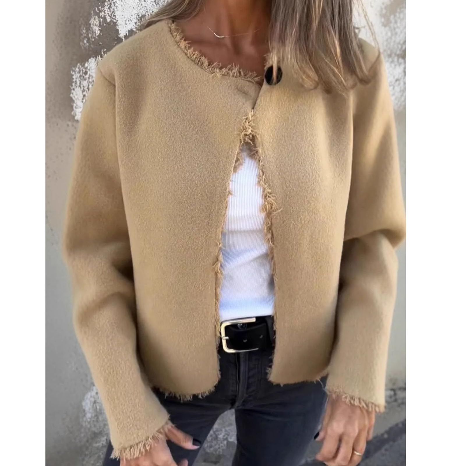 Genérico Chaqueta de manga larga con cuello redondo y cuello de piel para mujer, chaqueta corta informal con abertura delantera, cárdigan ligero con botones.