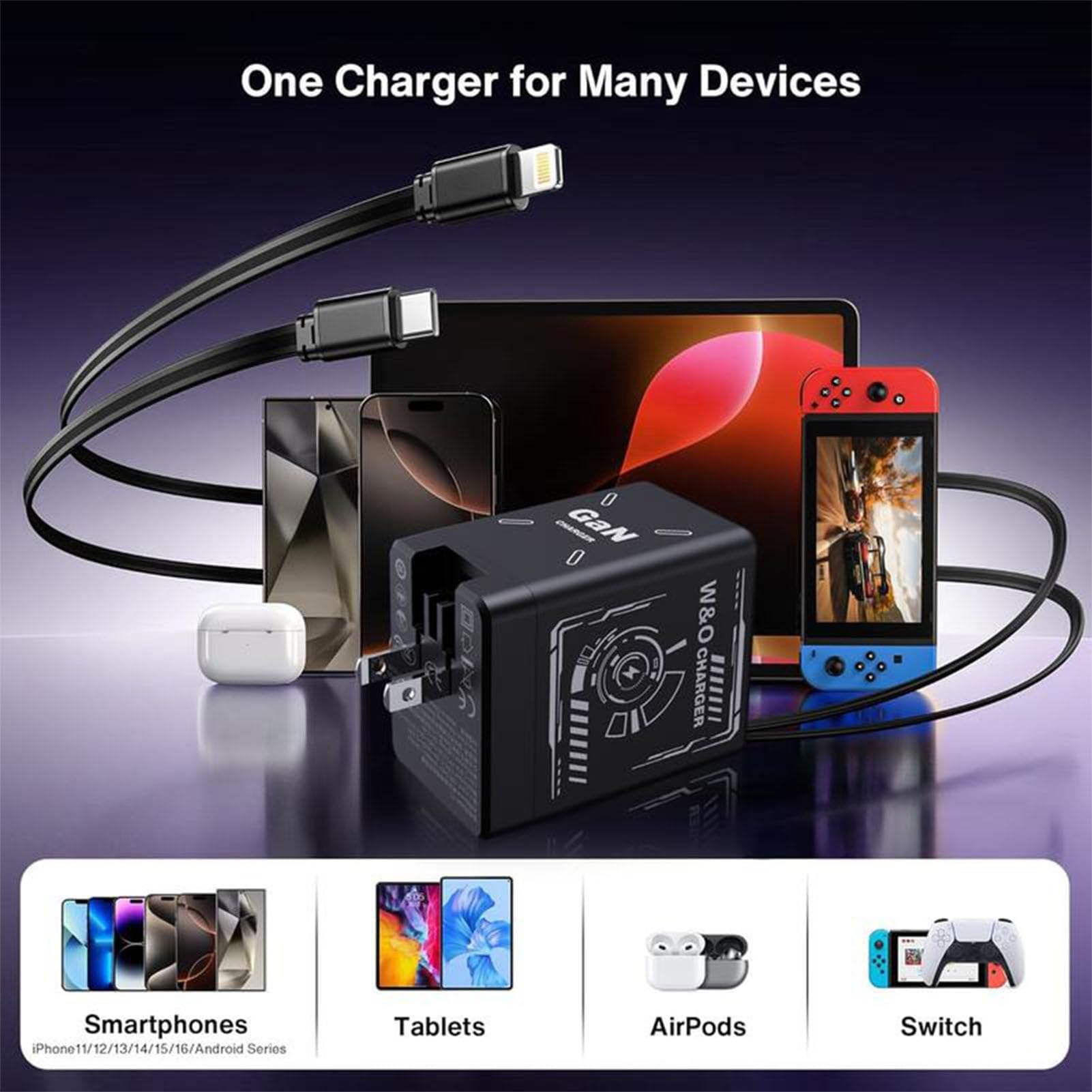 Chargeur GaN 120W 2-en-1 Avec Câbles Rétractables - Charge Rapide Pour Téléphone, Tablette, Ordinateur - Prise EU