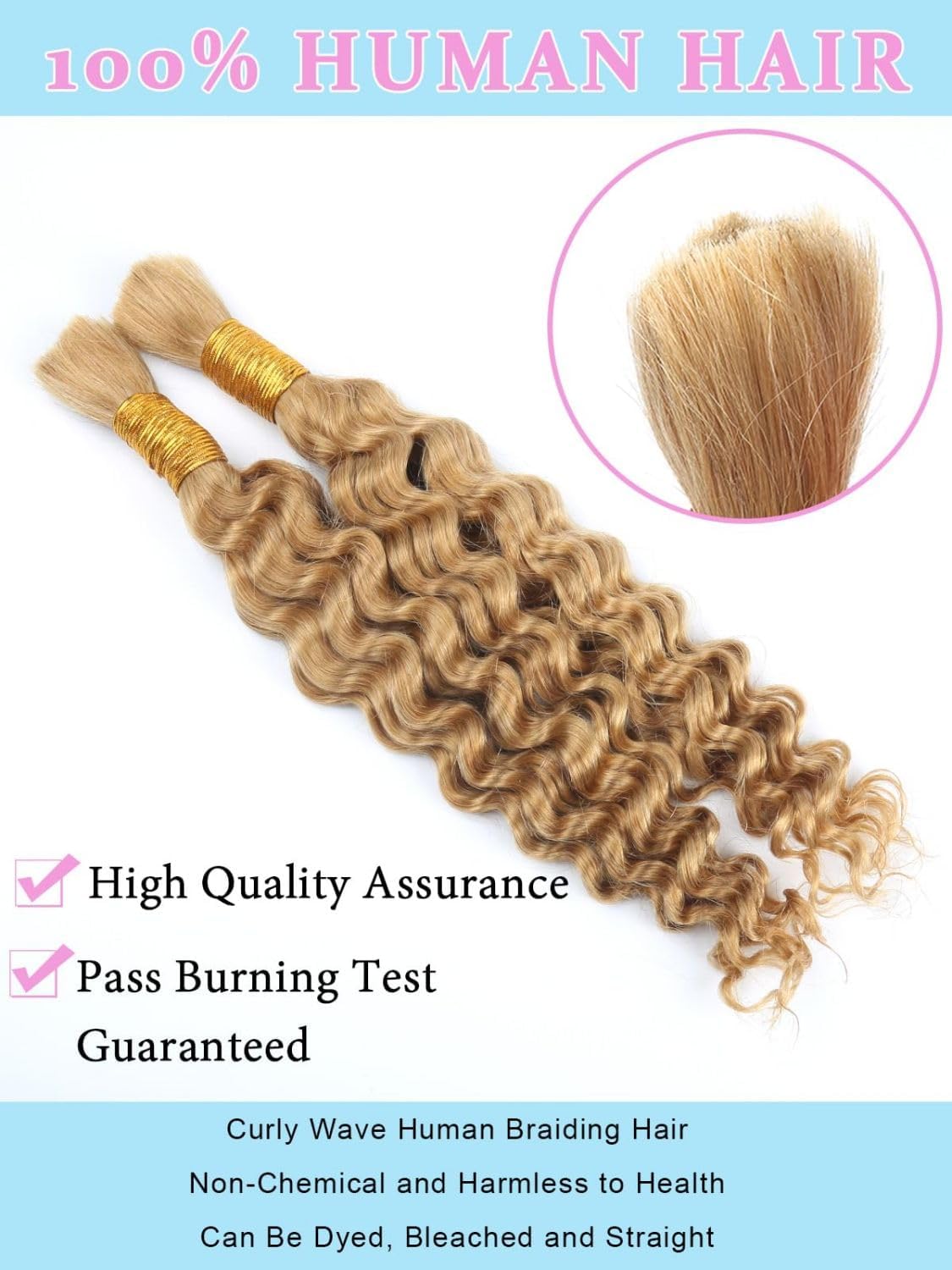 Sexycat Deep Curly Human Braiding Hair for Boho Braids 2 Bundles 16 Inch 100g,#27 Honey Blonde Water Wave Bulk Human Hair for Micro Braiding Wet and Wavy Human Hair Extensions - Image 3