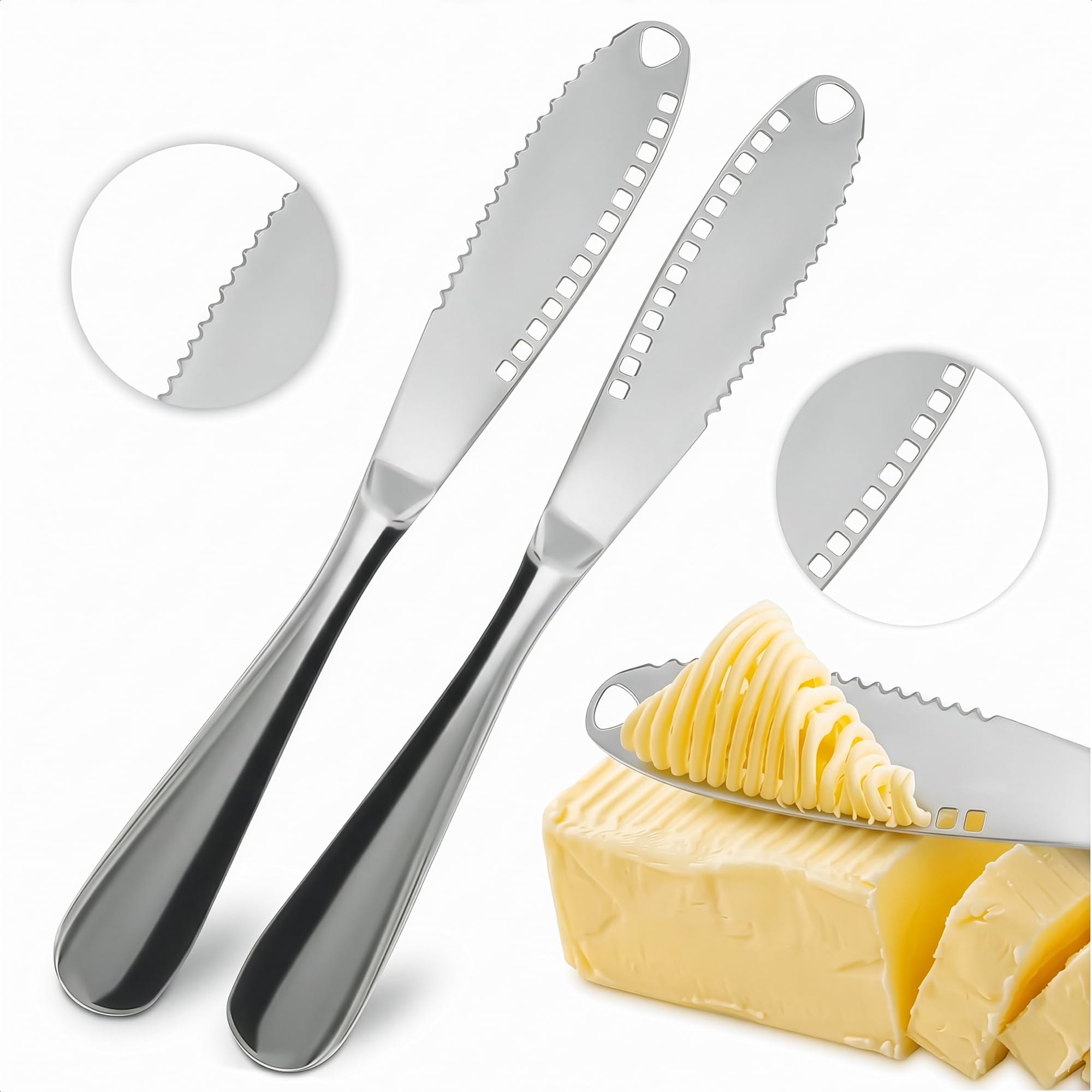 Photo 1 of 2 PCs Butter Knife Spreader – 3 in 1 Stainless Steel Butter Knives with Grater Blade and Holes for Spreading and Slicing – Cheese Spreader Knives with Corrosion-Resistant Finish and Easy-Grip Handle