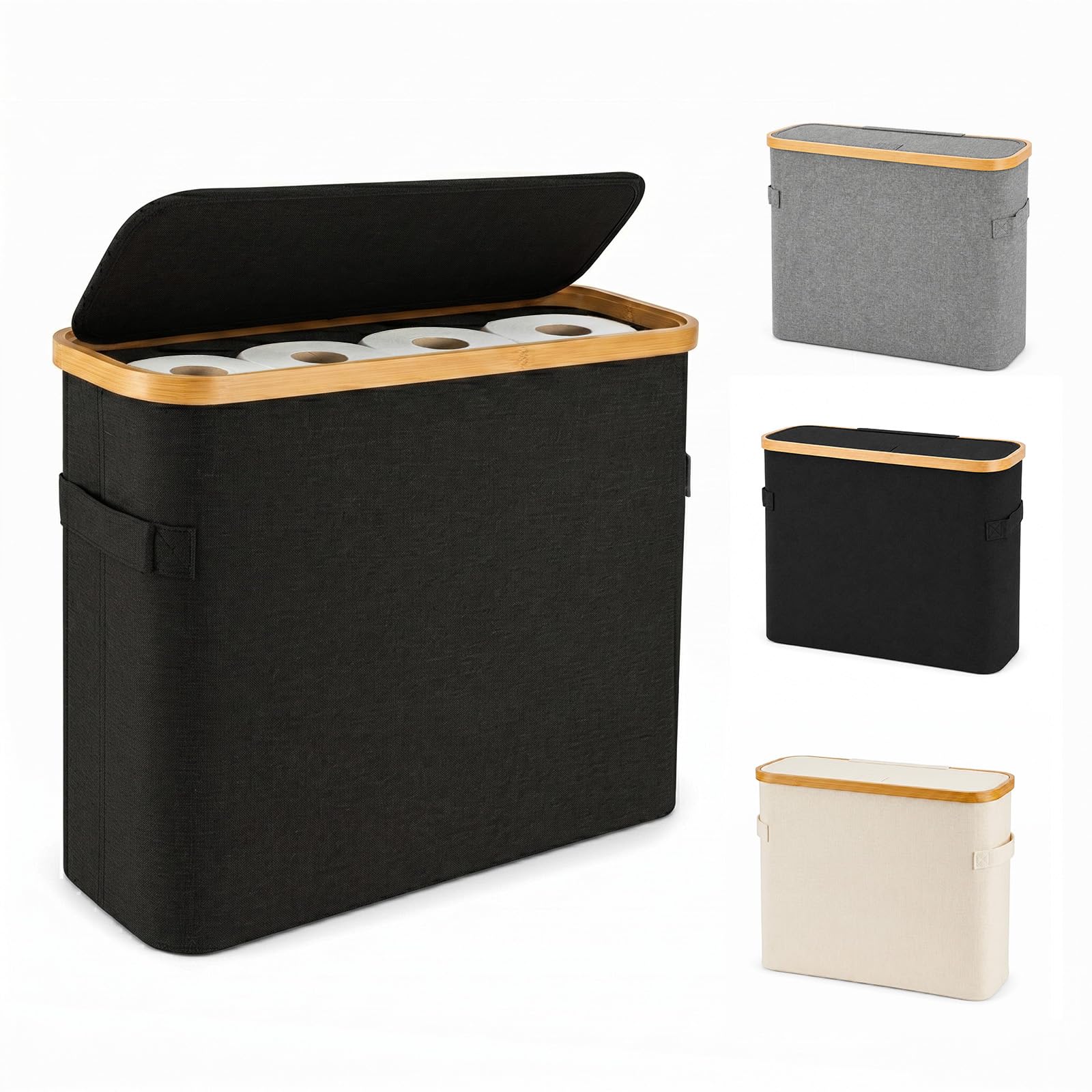 SUNNYNEST 30L Toilet Paper Storage Basket with Lid, Slim Toilet Roll Holder with Bamboo Frame, Foldable Bathroom Storage Bin for 9–12 Rolls, Space-Saving Organizer (Black with Handle)