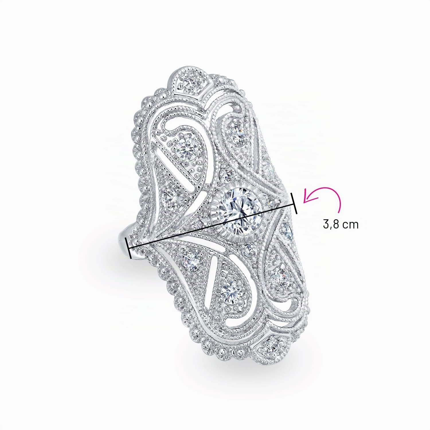 Art Deco Antik Boho Vintage Stil Schwarz Weiß Blau Grün Filigran Pflaster CZ Breites Herz Lange Vollfinger Mode Statement Ring Zirkonia Für Frauen Rhodium Versilbert Messing