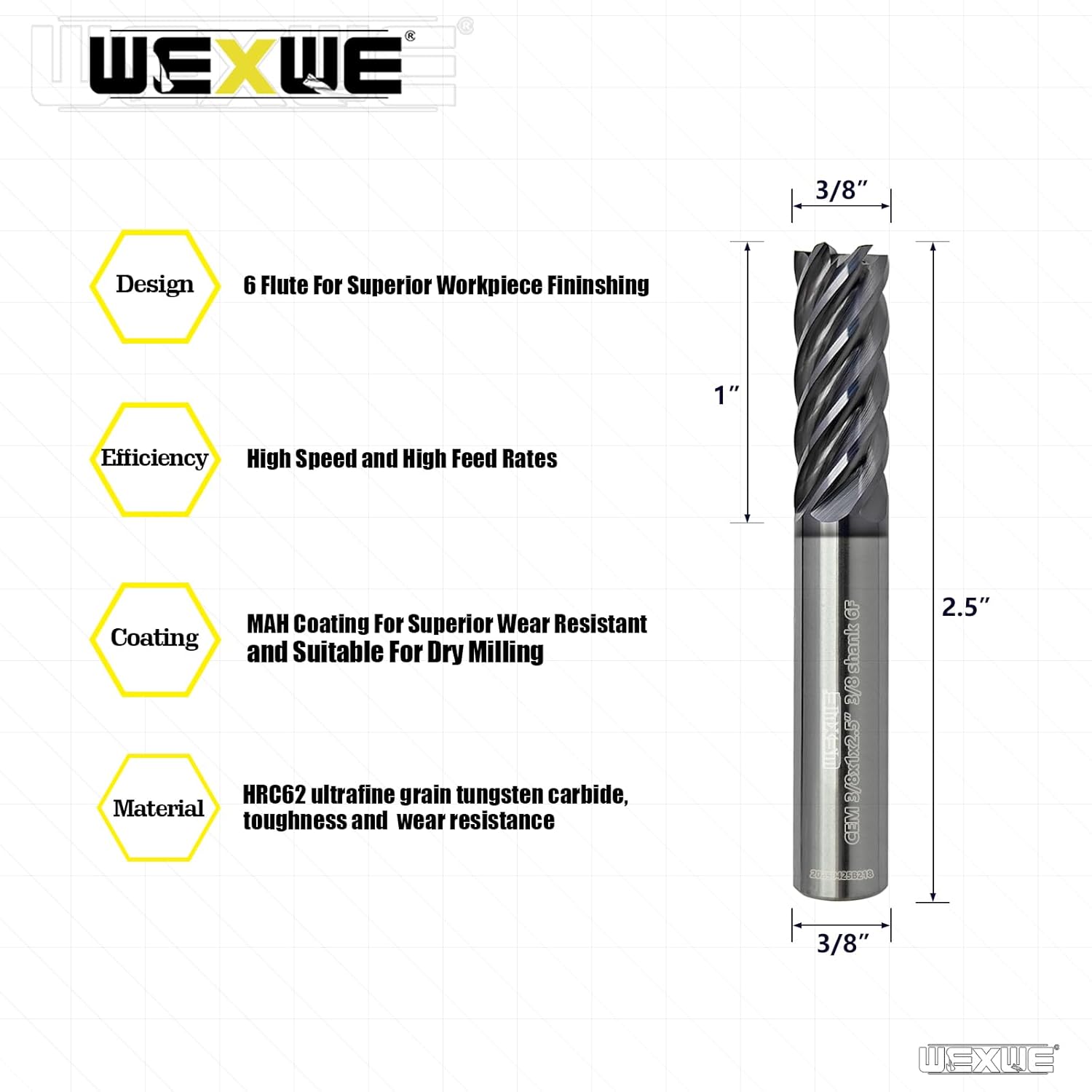 Tools Carbide End Mill Finish Machining Square Milling Cutter for Cutting Alloy Steels,Cast Iron, Hardened Steel - 6 Flute Cutting Tools 3/8 Shank (3/8-2.5" 1PCS)