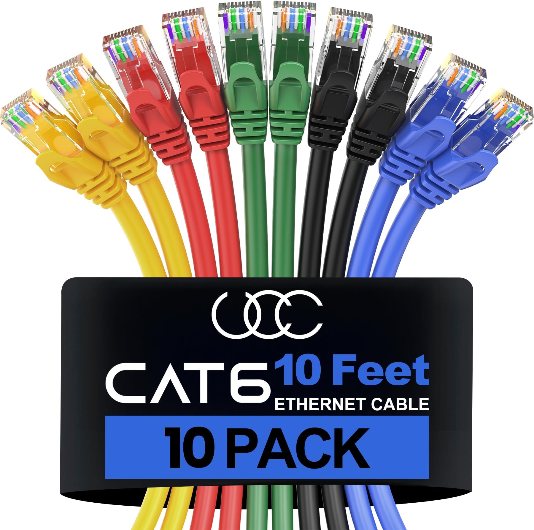 Ultra Clarity Cables Cat 6 Ethernet Cable 10 Feet (10 Pack), Cat6 Patch Cable, High Speed 10Gbps 500Mhz Ethernet Cable Network Cord, RJ45 LAN Internet Cable for Computer Modem Router PS4/5-5 Colors