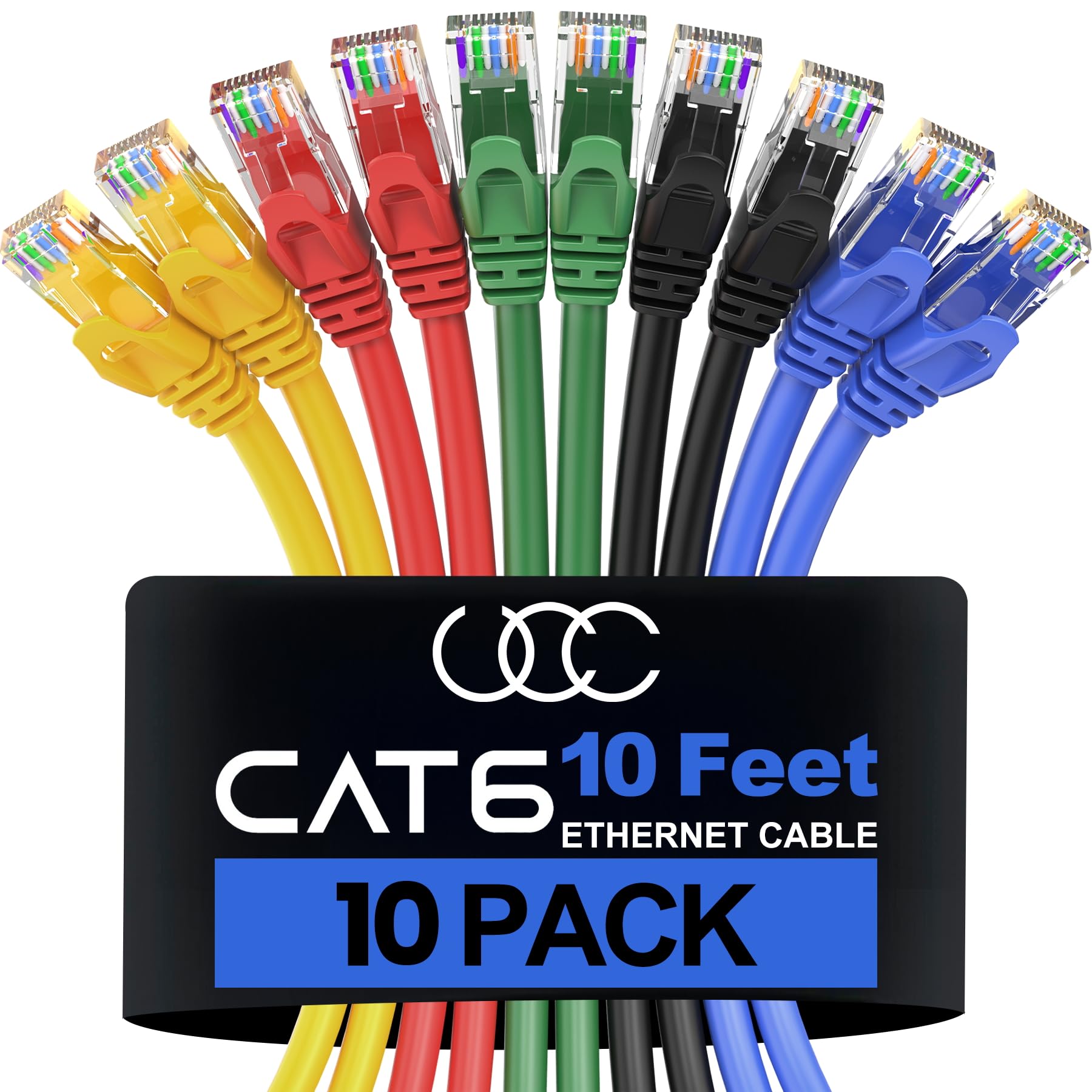 Ultra Clarity Cables Cat 6 Ethernet Cable 10 Feet (10 Pack), Cat6 Patch Cable, High Speed 10Gbps 500Mhz Ethernet Cable Network Cord, RJ45 LAN Internet