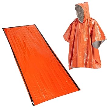 Decdeal Outdoor Emergency Survival Poncho Waterproof Heat Reflective Thermal Poncho Raincoat with Sleeping Bag for Camping Hiking Adventure