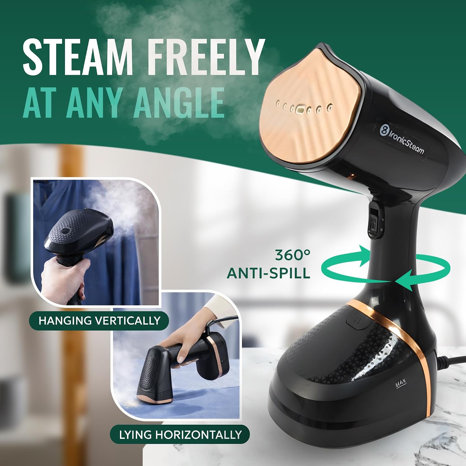 Clothes Steamer IronicSteam- Steamer for Clothes - 1200W Portable Clothes Steamer & Wrinkle Remover for Garments - Large Ceramic-Coated Panel, 350ml Detachable Tank, Fur Brush - Compact, Travel