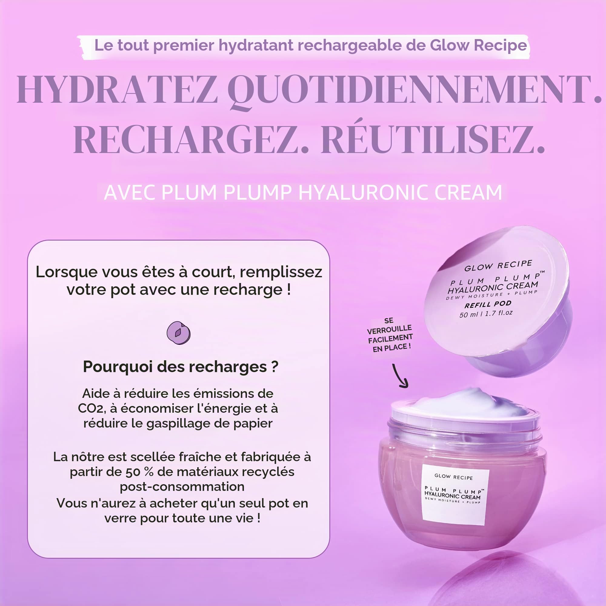 Glow Recipe Plum Plump Crème hydratante pour le visage à l'acide hyaluronique, recharge – Hydratant, raffermissant et repulpant pour peaux sèches – Soin végétalien de la peau avec peptides pour