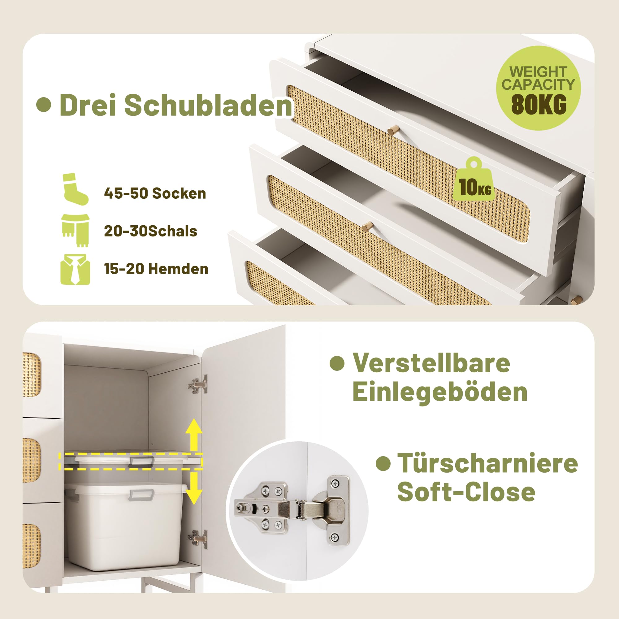 Merax Kommode Weiß mit 3 Schubladen und 1 Tür, Sideboard 120cm, Moderner Komodenschrank Schubladenschrank mit Rattan, Goldgriffen, Verstellbare Ablage, Metallbeinen, für Wohnzimmer, Schlafzimmer, Flur