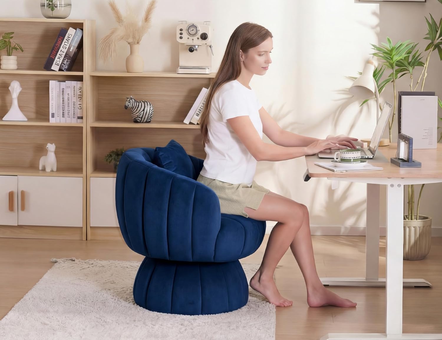 Mid Century Modern 360 Degree Barrel Swivel Accent Sofa Chair,Fluffy Velvet Fabric Lounge Wide Upholstered Pumpkin Reading Chair, Round Cloud Armchair for Living Room,Bedroom,Vanity(Navy Blue)