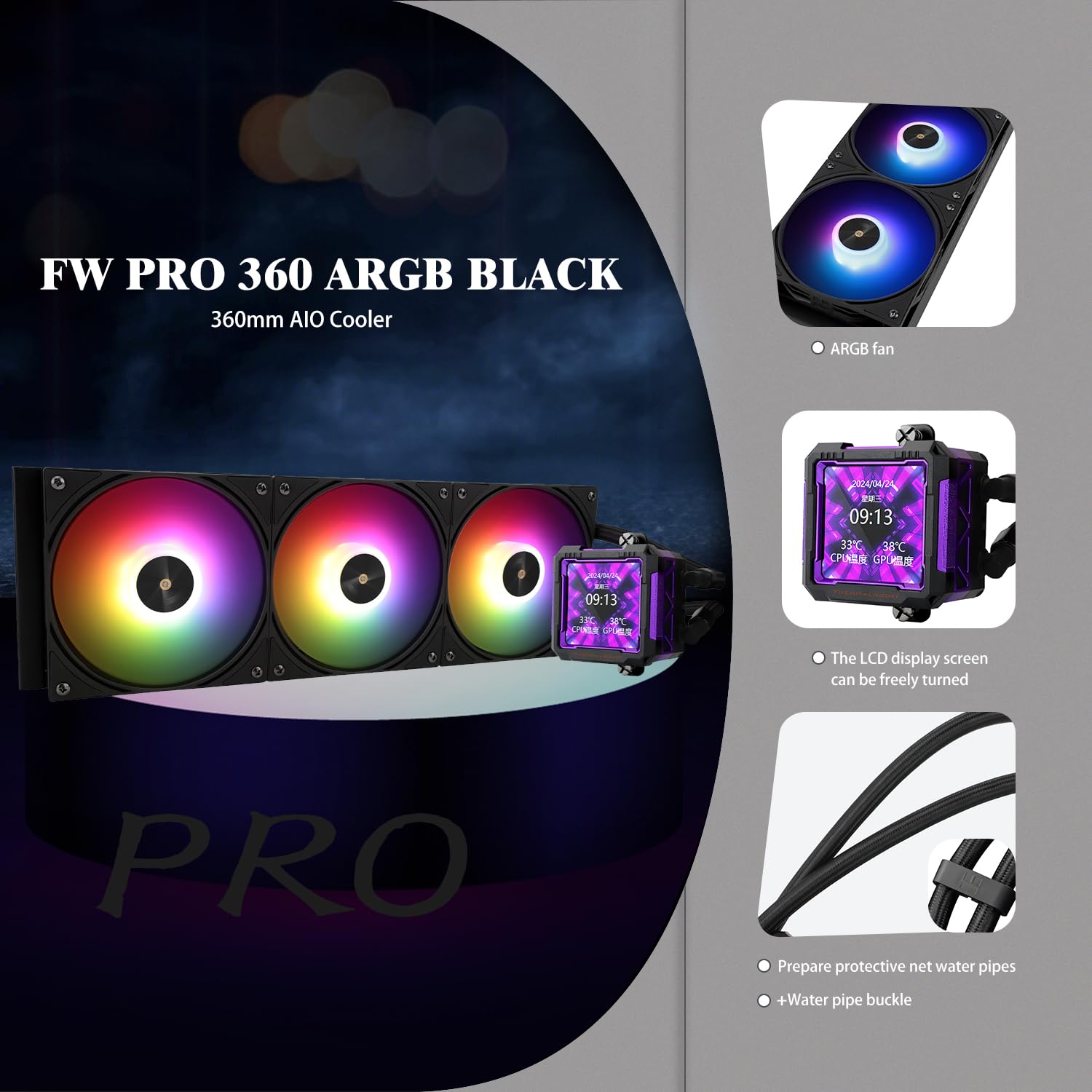 TR-Thermalright FW PRO 360 ARGB Black Aio CPU Cooler, schermo LCD IPS con risoluzione 320 x 320, 2,7 pollici, per Intel LGA1700/1851, AM4/AM5, pompa ad alte prestazioni, viola