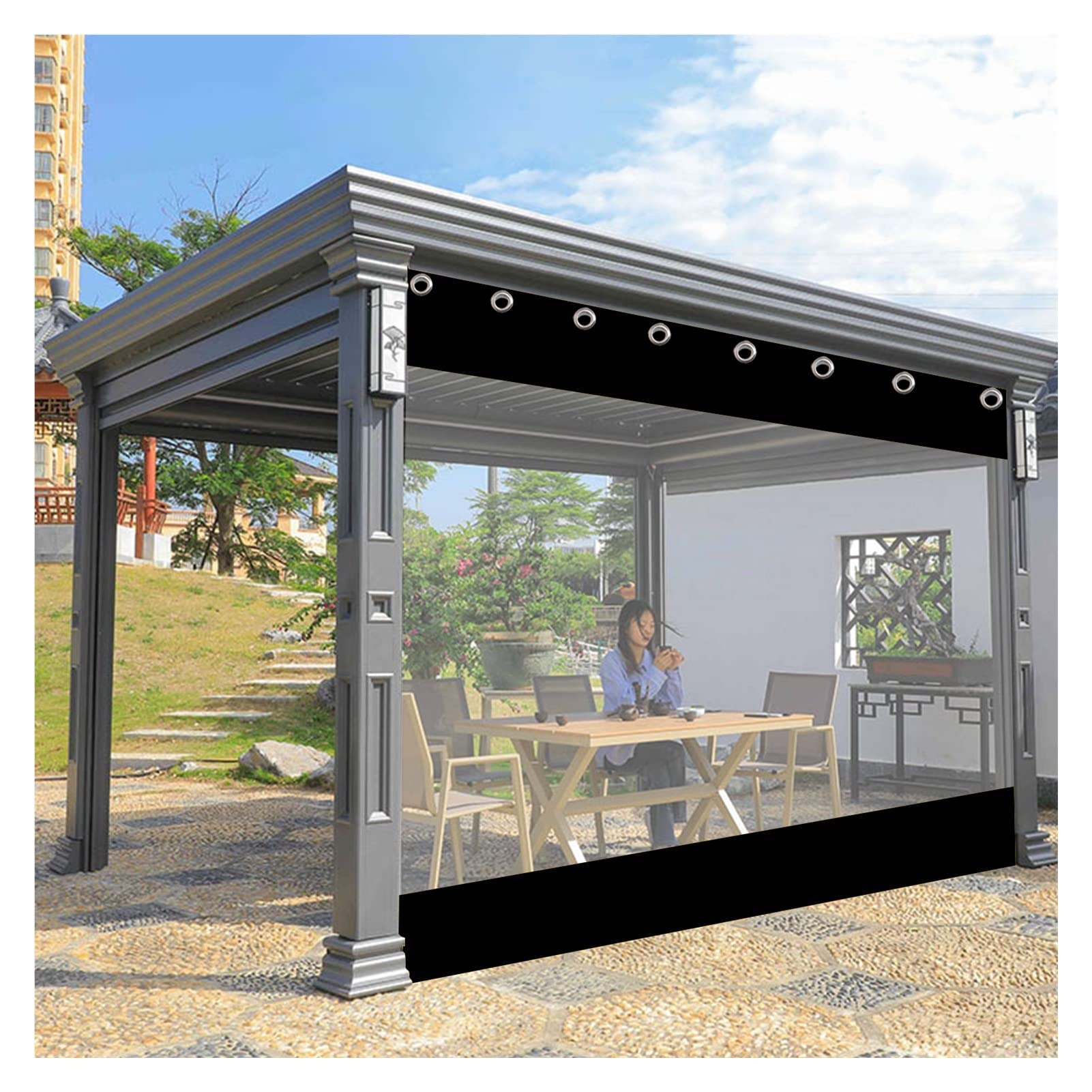 VagxTbs Multiple Colour Outdoor Curtain Heavy-duty Clear Workshop Curtain Garden Patio Gazebo Heavy-duty Waterproof Tarpaulin Side Panels (Black,2.2x1.8m/7.22x5.9ft)