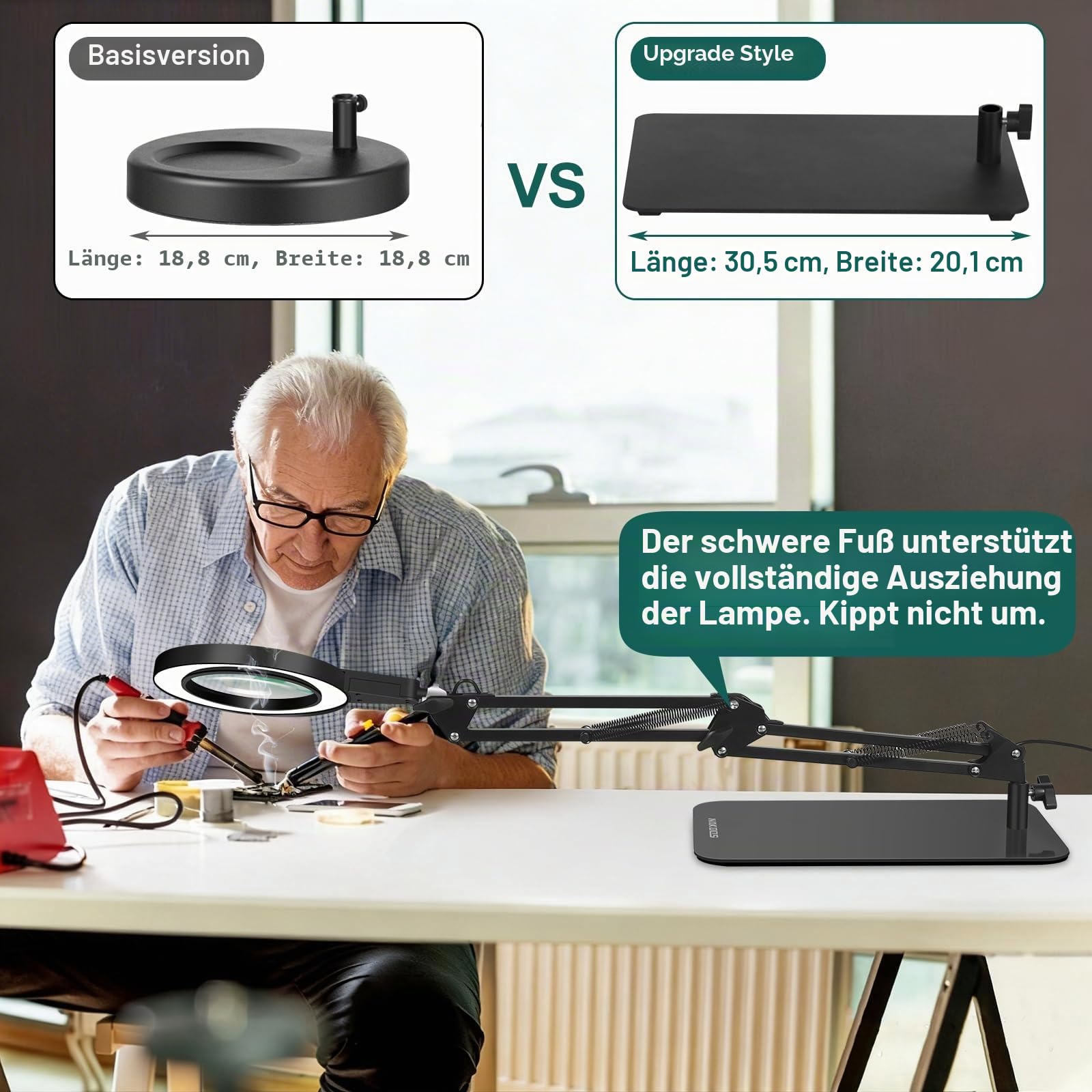Lupenlampe mit Fuß & Klemme, Rund Lupe mit Licht, Touch-Steuerung | 2-in-1 Flexibilität,6D Glaslinse, Lesen & Handarbeit, gleichmäßiges LED-Licht für entspanntes Arbeiten