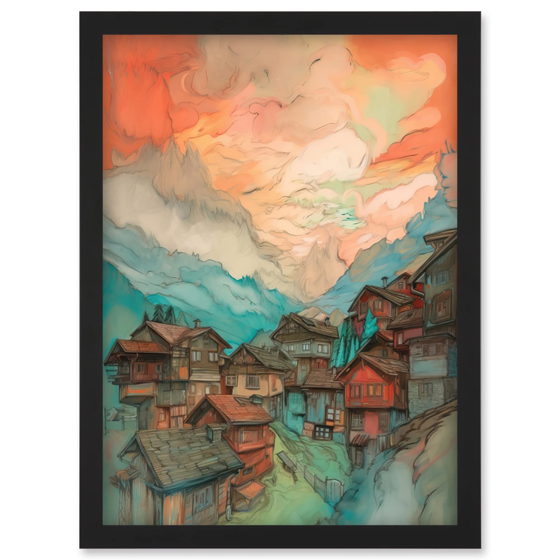 Artery8 Pink Dawn Atmospheric Clouds Over Small Mountain Village in the Alps Modern Watercolour Painting Artwork Framed Wall Art Print A4